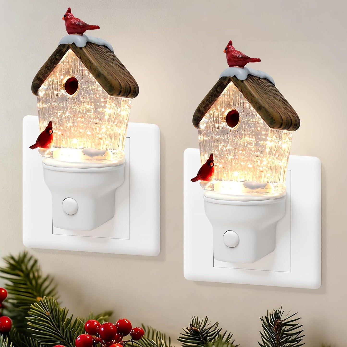 2 Pack Christmas Birdhouse Night Light Plug into Wall Glitter Water Nightlight with USB/Outlet Options, Christmas Decorative Nightlight for Bedroom Kitchen Holiday Decorations Gifts (Birdhouse)