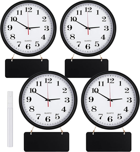 Inbagi 4 Pieces Wall Clocks Set Include Quartz Wall Clock Battery Operated Round Clock with 4 Pieces Hanging Chalkboard and White Marker Pen for Hotel Office Home Room Kitchen(12 Inch,Black)