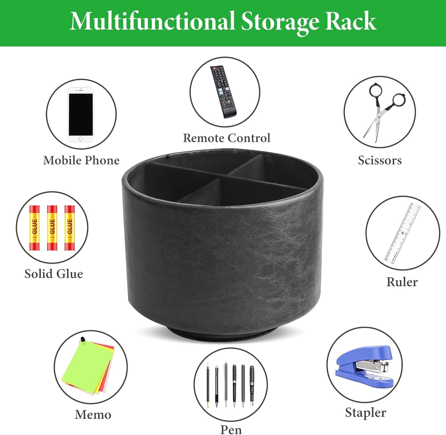 Hennaja Round Leather Art Supply Organizer,Remote Control Holder,360 Degree Spinning,Multi-Functional Pencil Holder,4 Compartments Desktop Stationary Organizer(1-Oil Black)