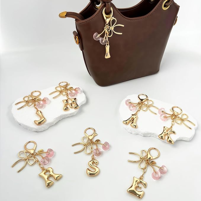 Gold Bubble Heart, Bow & More Designs Letter Initial Keychain Bag Charms – Cute - Image 2