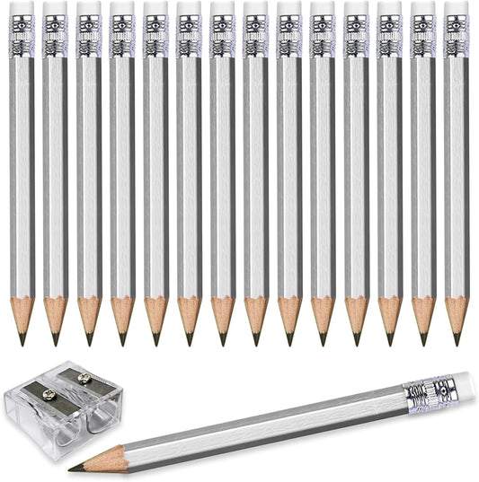 Adhere 25pcs Golf Pencils with eraser Hexagon Wooden Pencils Graphite 2B for Golf Event Scoring,Classroom,Wedding,Company Meetings,Pew, Pocket (Silver)