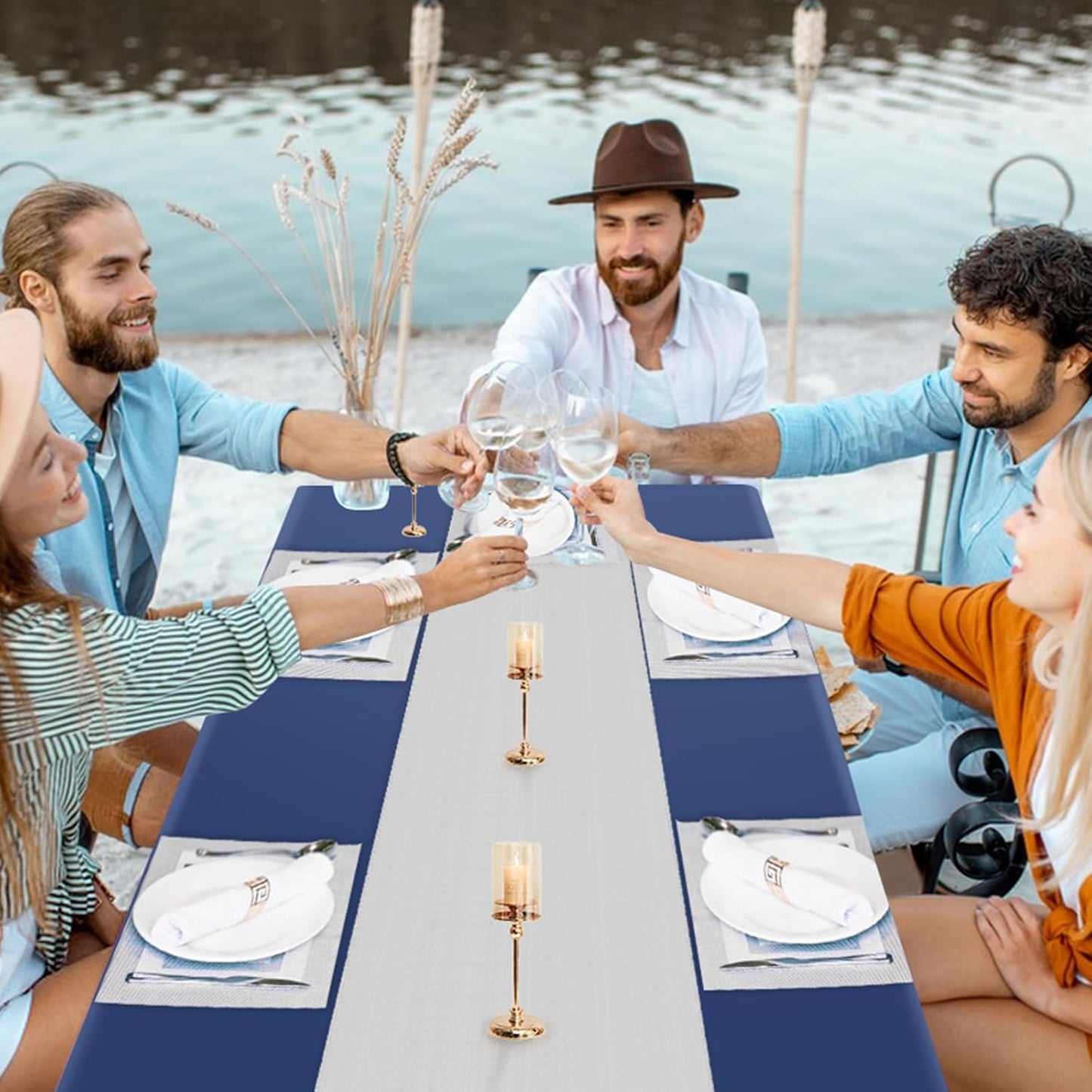16 Packs Disposable Rectangle Tablecloth and Satin Table Runner, Blue and Silver Plastic Table Cloths for Parties Table Cover for Baby Shower Birthday Wedding Anniversary Christmas Party Decorations