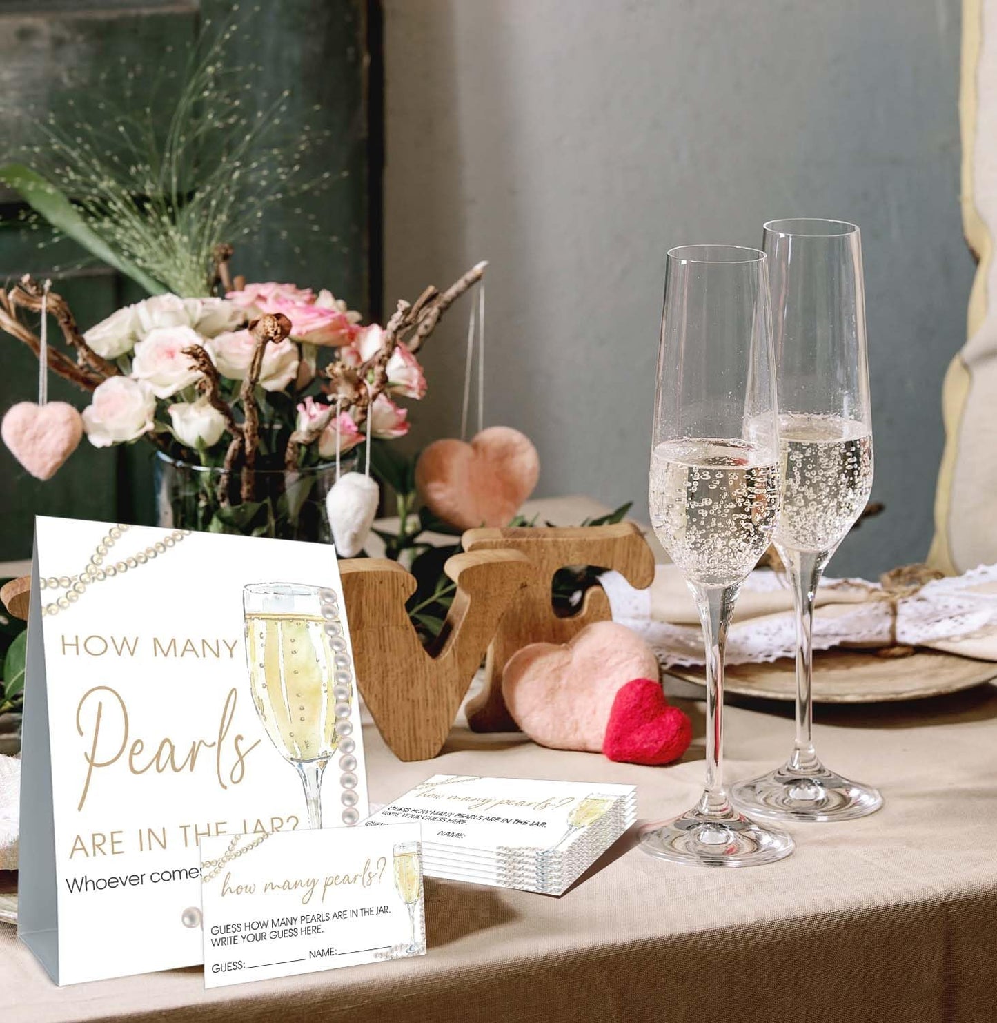 Guess How Many Cards, Guess How Many Pearls Are in the Jar, Party Games & Activities, Pearls Bridal Shower Decorations, 50 Cards and Sign