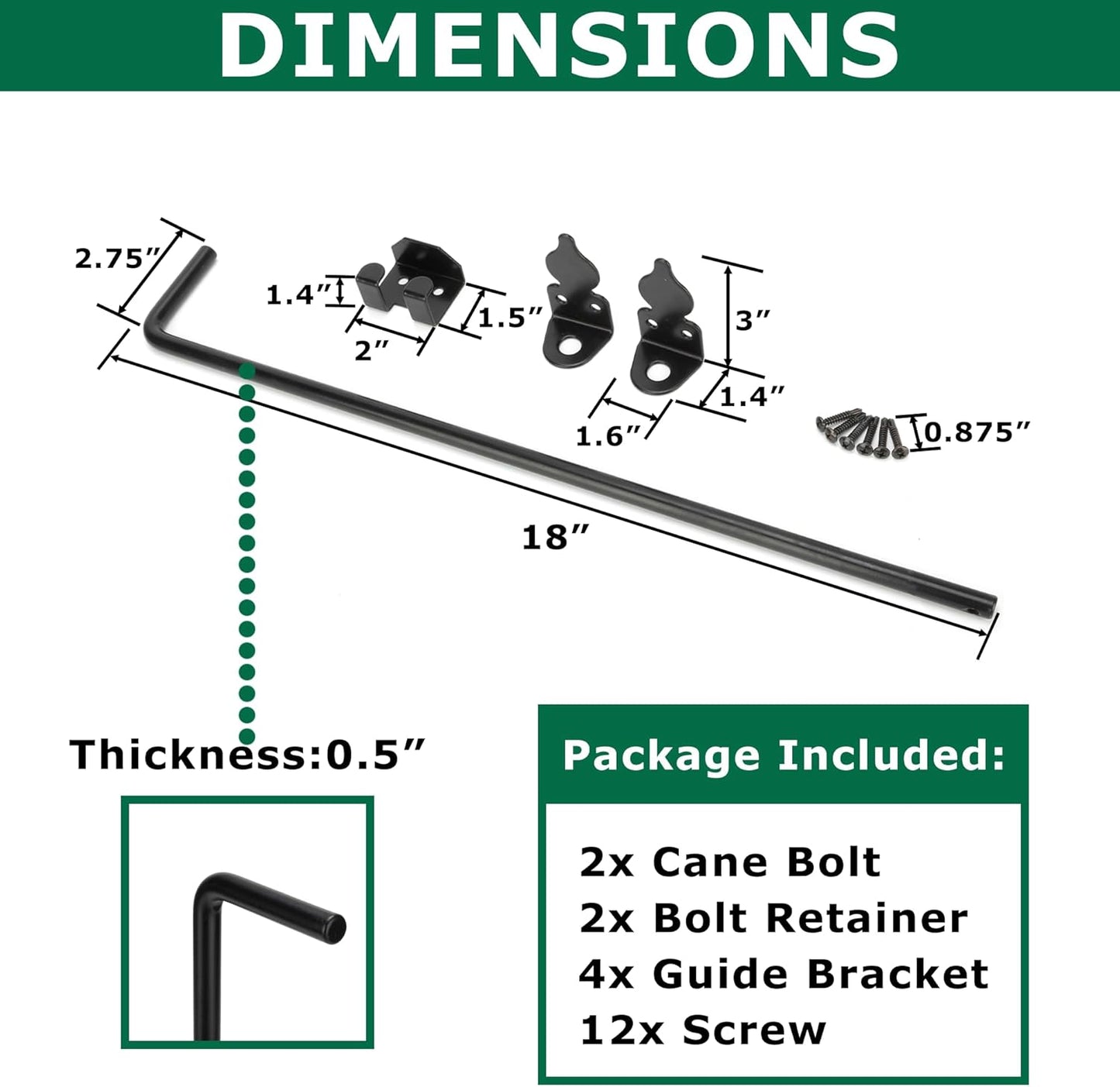 18" Heavy Duty Cane Bolt, Double Gate Latch with Black Finish, 2 Way Gate Drop Rod for Wood PVC Vinyl Metal Fences Gates Double Doors-2 Pack