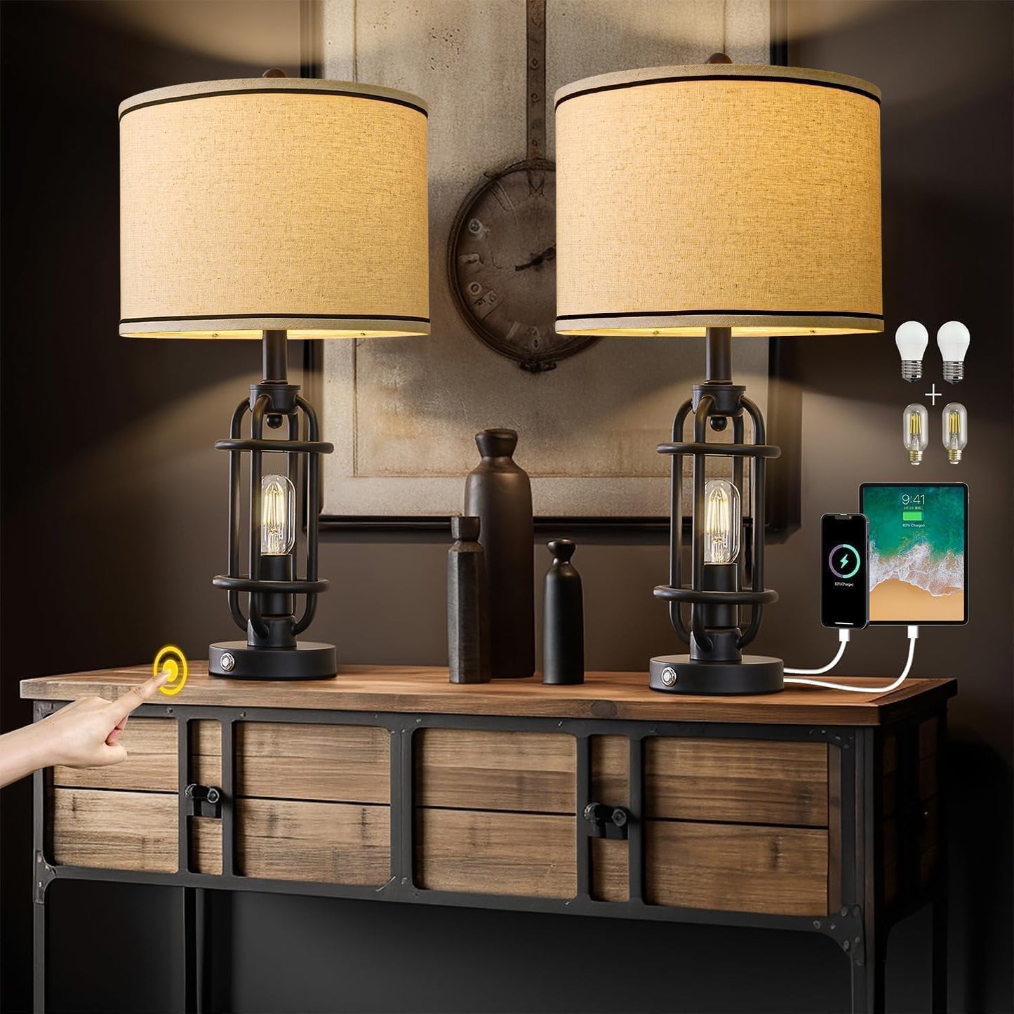 23.75'' Industrial Black Metal Table Lamps Living Room Lamp for Nightstand Bedroom lamps Set of 2 Bedside End Side Table Lamps Home Decor Touch Lamp Modern Lamps With USB Port, Bulbs Included