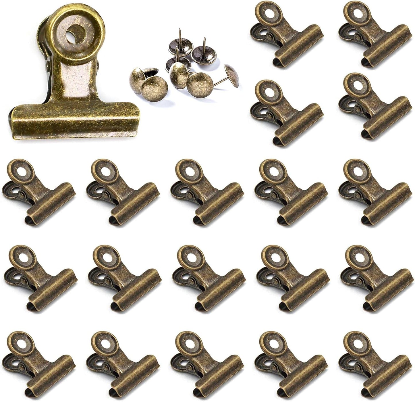 20 Pack Metal Clips with 20 Push-pins for Corkboard,Bulldog Clips for Hanging Pictures,Small Hinge Clips for Crafts,Mini Binder Clips Paper File Clamps for Office School(Bronze,1.2inch)