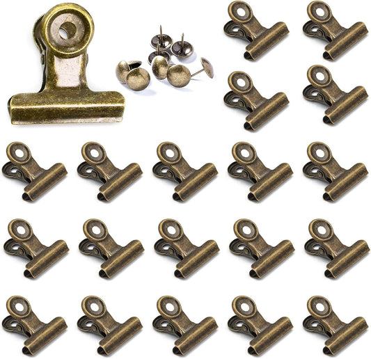 20 Pack Metal Clips with 20 Push-pins for Corkboard,Bulldog Clips for Hanging Pictures,Small Hinge Clips for Crafts,Mini Binder Clips Paper File Clamps for Office School(Bronze,1.2inch)
