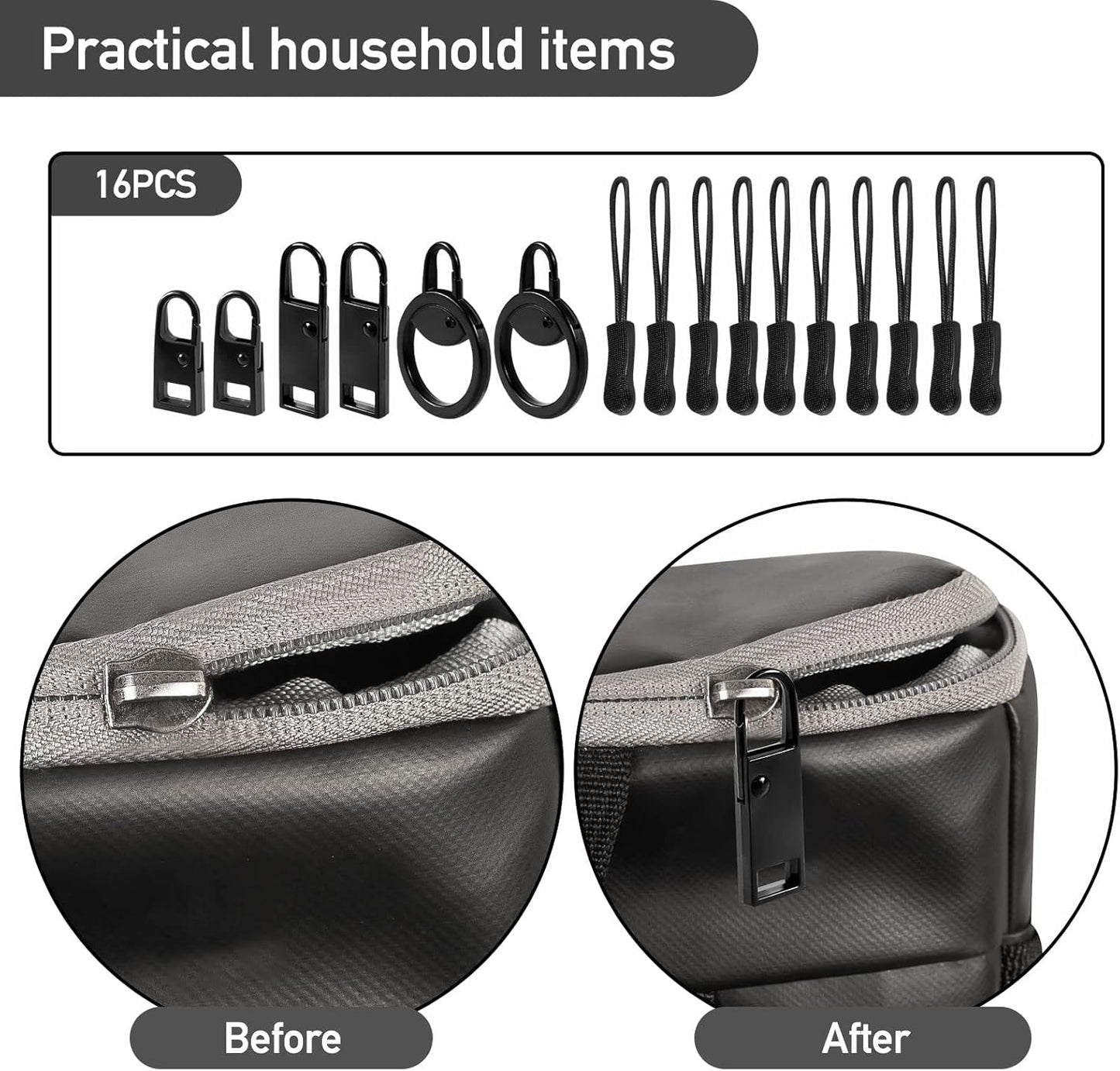 16 PCS Zipper Pull Tab Replacement Metal Handle Fixer，Zipper Tag Cord Pull Extension for Backpack Jacket Handbag