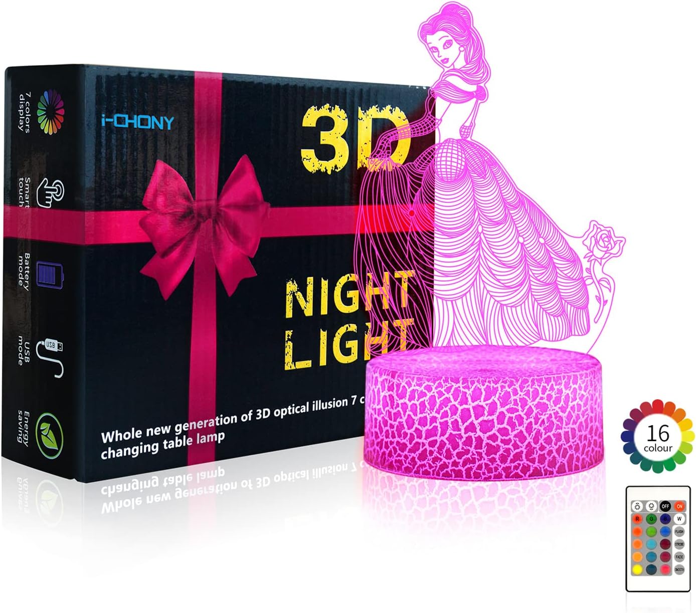 i-CHONY Princess Gift Night Light for Girls, 3D Illusion Lamp with Remote & Smart Touch, 16 Colors Dimmable Bedroom Decorations, Kids Teens Birthday Gift