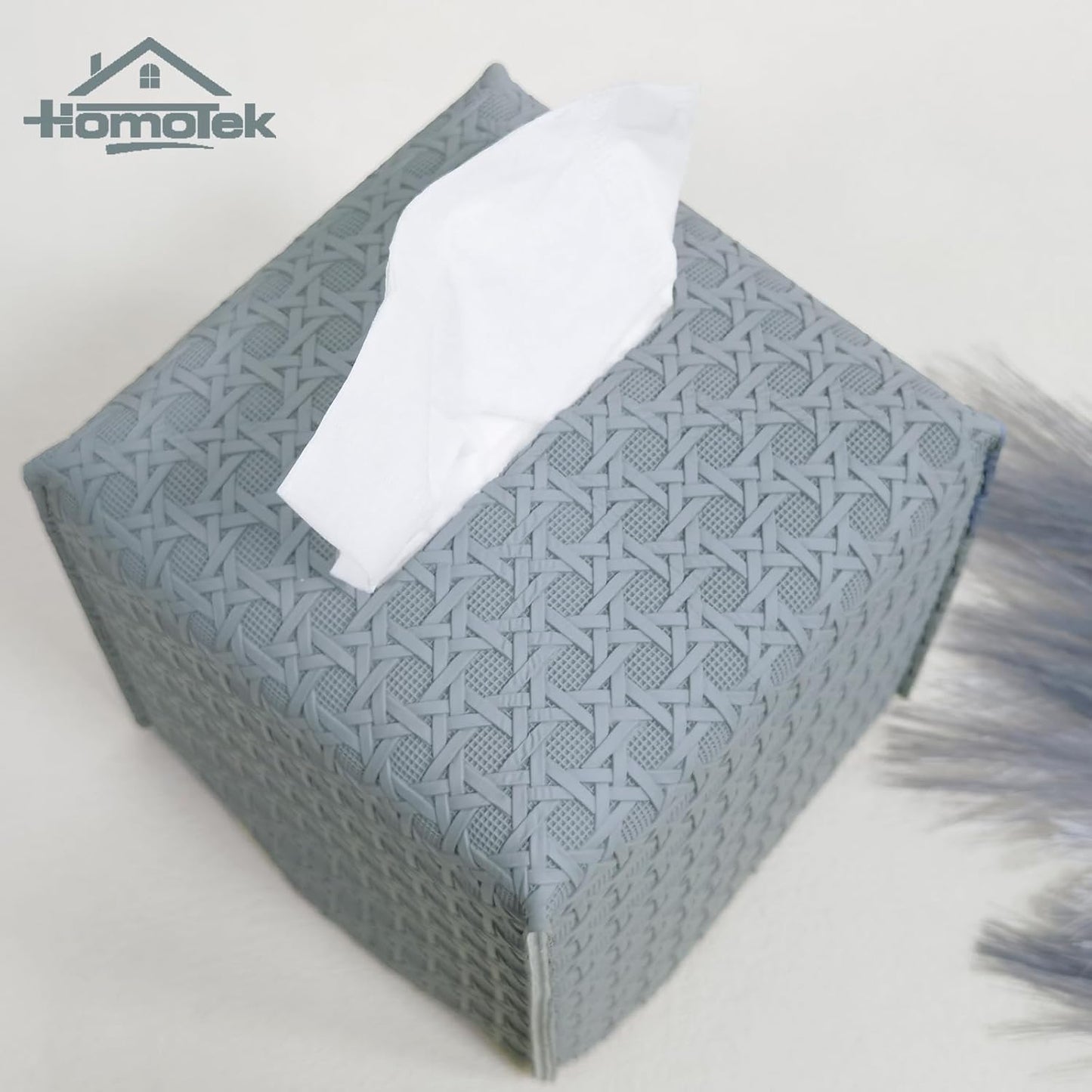 HOMOTEK 2 Pack Tissue Box Cover, Square PU Leather Tissue Holder, Decorative Facial Tissue Cube Paper Organizer Dispenser for Bathroom, Night Stands, Desk, Car 5X5X5'' - Rattan Weave, Light Gray