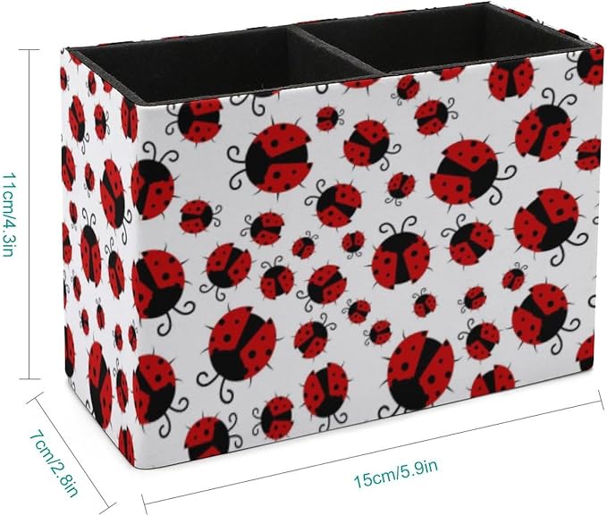 Pen Holder, Pencil Holder for Desk Organizer, Summer Red Ladybugs PU Leather - Image 2