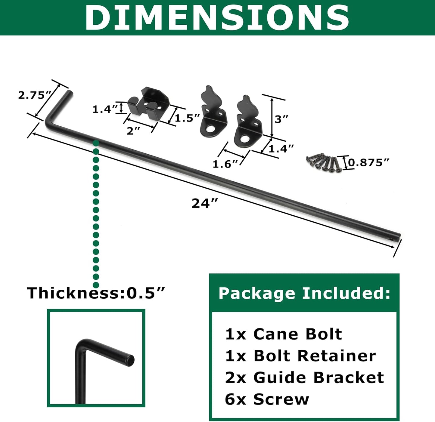24" Heavy Duty Cane Bolt Gate Drop Rod for Vinyl Gate Latch, Cane Bolts for Gates for Wood PVC Vinyl Metal Fences Gates-1 Pack