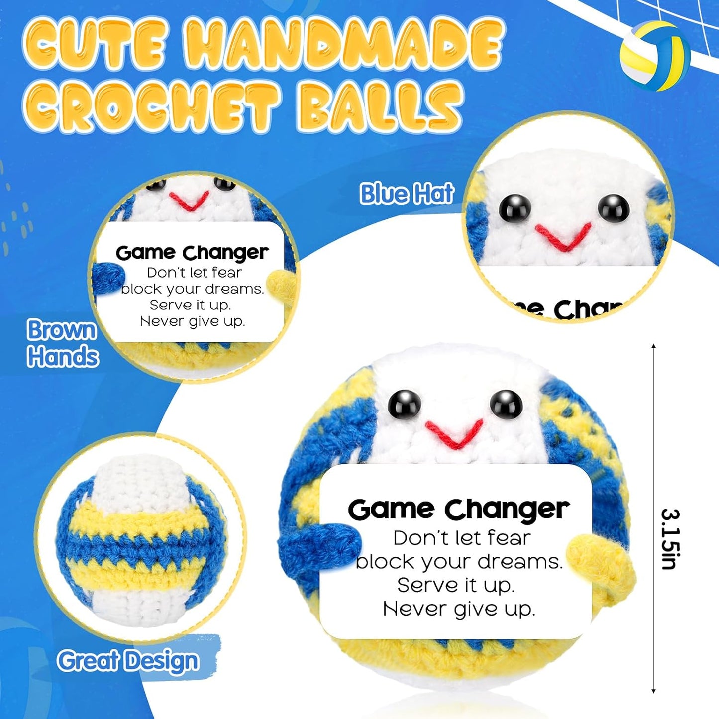 12pcs Funny Volleyball Gifts for Team Bulk Positive Volleyball Balls with Motivational Cards Handmade Mini Crochet Team Gift for Coach Women Men Coworker Birthday Christmas Party Favors