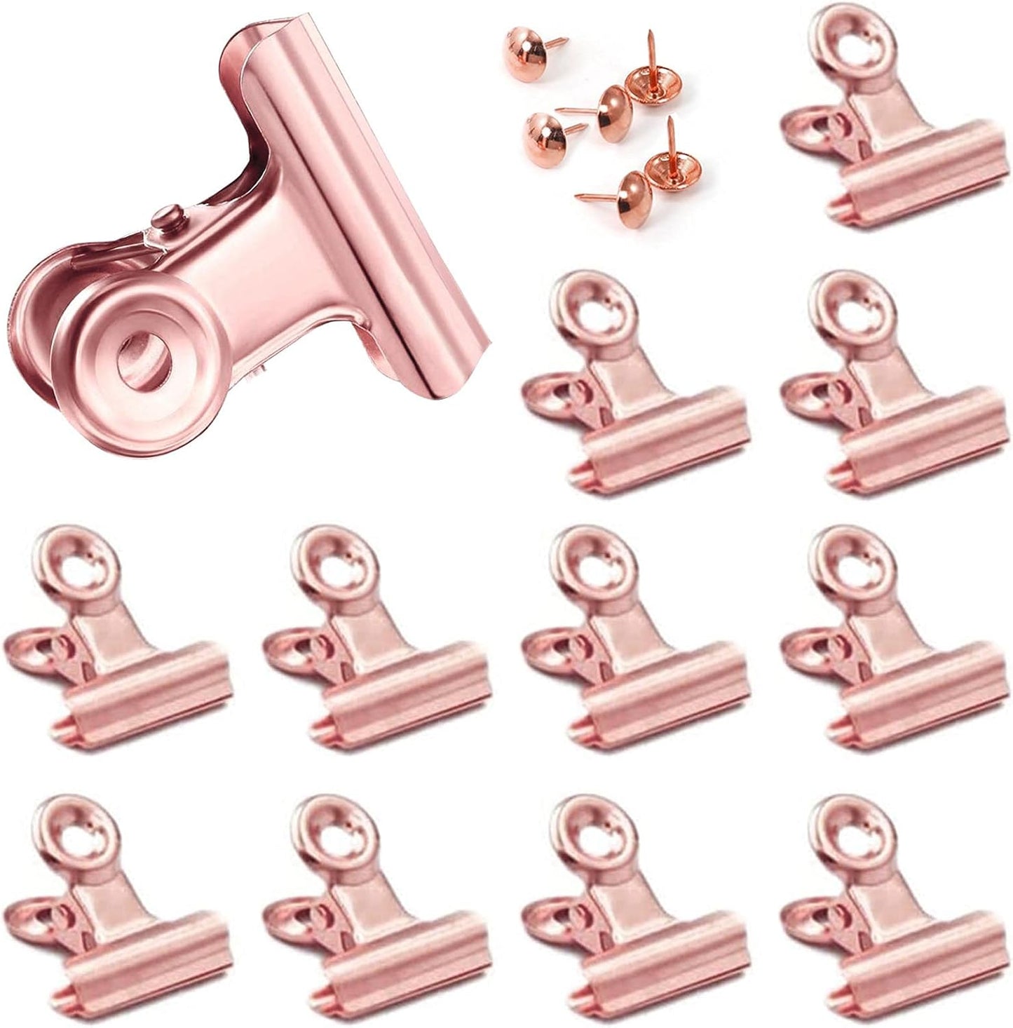 12 Pack Bulldog Clips with Push-pins for Corkboard,Metal Clips for Crafts, Metal Binder Clips for Pictures, Spring Paper Clamps for Office Documents (Rose Gold,1.5inch)