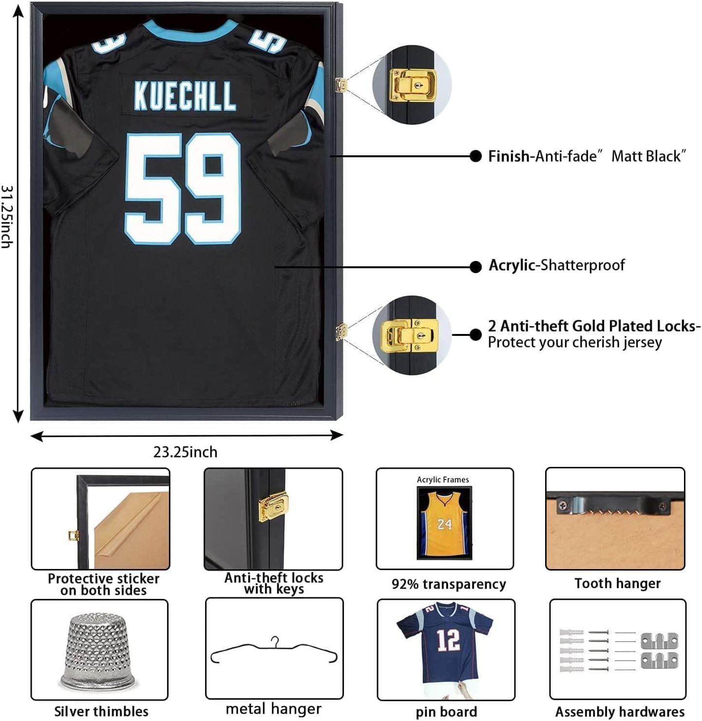 IHEIPYE Jersey Frame Display Case Shadow Box - Lockable with UV Protection Acrylic and Hanger for Baseball, Basketball, Football, Soccer, Hockey 2XL Sport Shirt and Uniform - Black