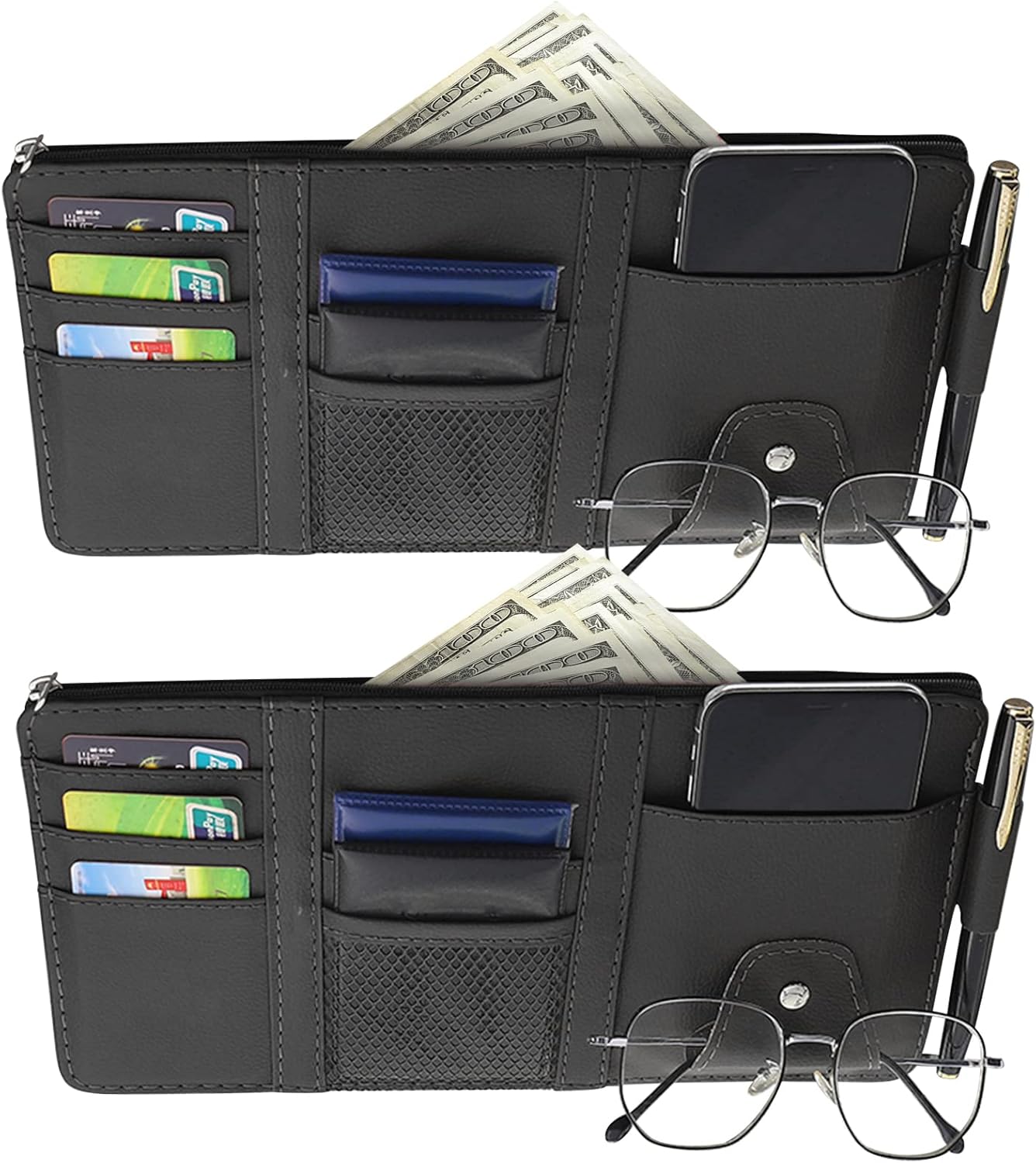 2 Packs Car Sun Visor Pocket Organizer, Black, Auto Visor Storage Pouch with Big Zipper Pocket, Card Sleeve, Driving License, Insurance, Sunglasses, Pen, Key, Phone, Lipstick