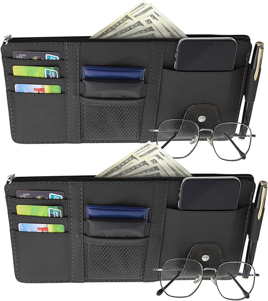 2 Packs Car Sun Visor Pocket Organizer, Black, Auto Visor Storage Pouch with Big Zipper Pocket, Card Sleeve, Driving License, Insurance, Sunglasses, Pen, Key, Phone, Lipstick