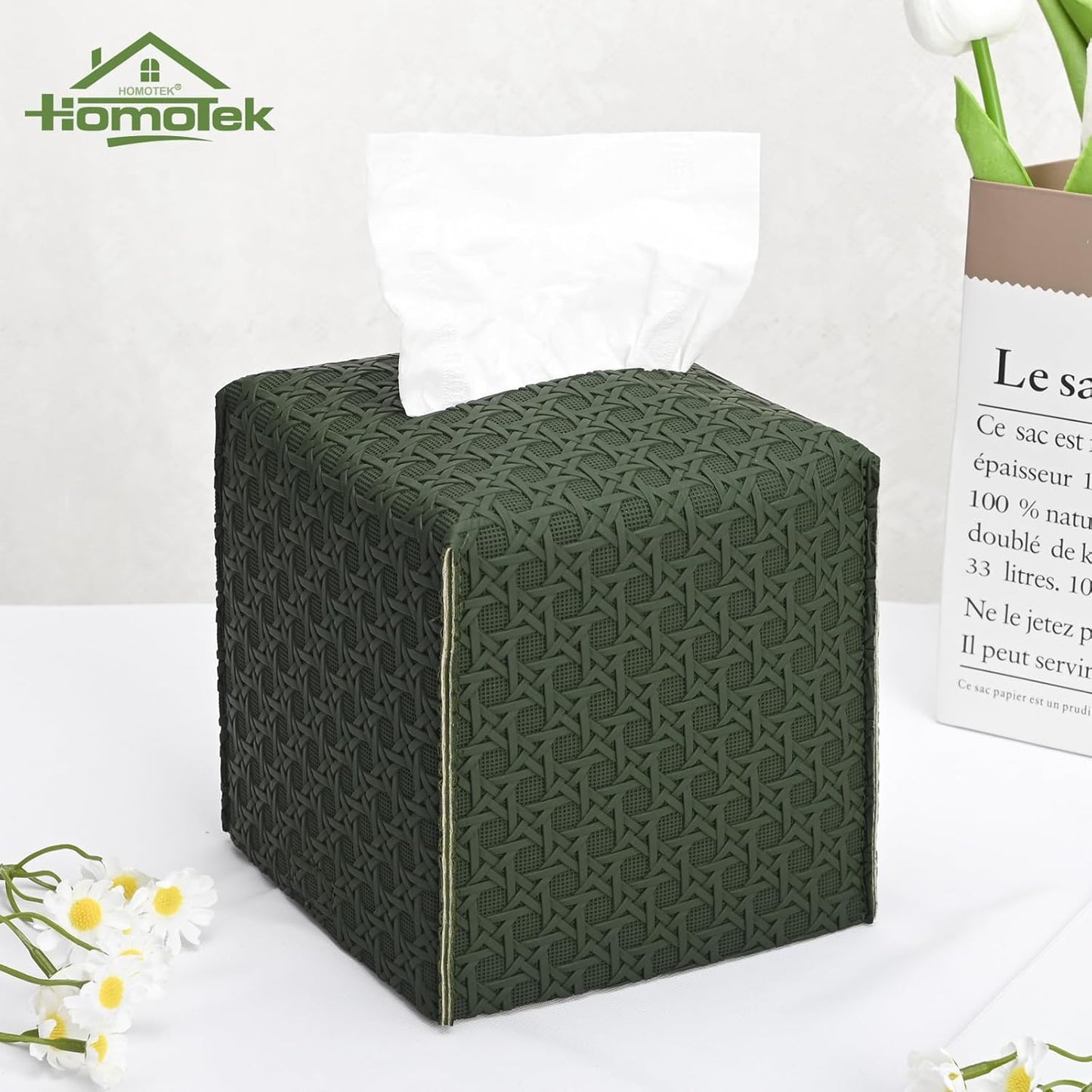 HOMOTEK 2 Pack Tissue Box Cover, Square PU Leather Tissue Holder, Decorative Facial Tissue Cube Paper Organizer Dispenser for Bathroom, Night Stands, Desk, Car 5X5X5'' - Rattan Weave,Emerald Green