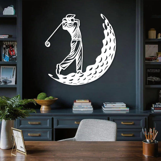 Golf Metal Wall Art, Golfer Metal Wall Decor, Golf Ball Wall Decor, Sports Wall Art, Sports Theme Wall Decor, Gift for Golf Player, Gift For Father, Home Office Wall Art, Man Cave (White, 24"x24"|60x60cm)