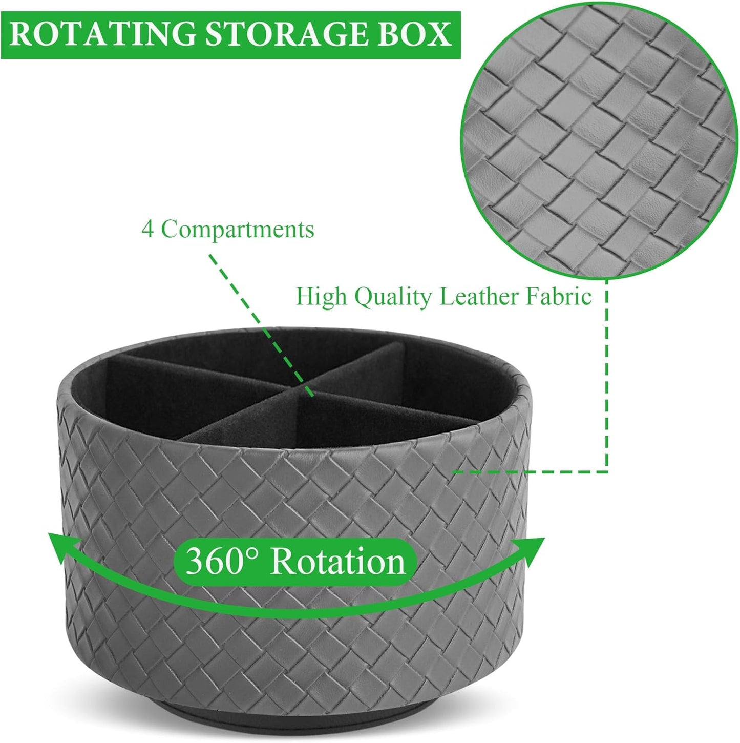 Hennaja Round Leather Art Supply Organizer,Remote Control Holder,360 Degree Spinning,Multi-Functional Pencil Holder,4 Compartments Desktop Stationary Organizer(1-Weave Grey)