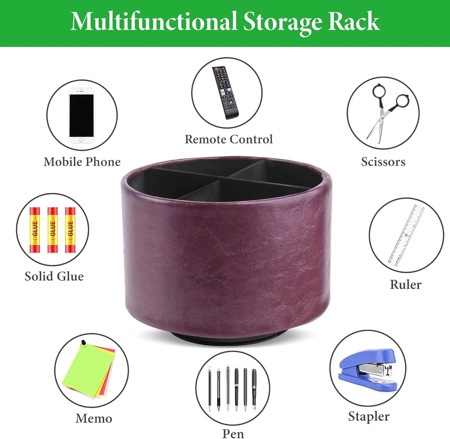 Hennaja Round Leather Art Supply Organizer,Remote Control Holder,360 Degree Spinning,Multi-Functional Pencil Holder,4 Compartments Desktop Stationary Organizer(1-Oil Brown)