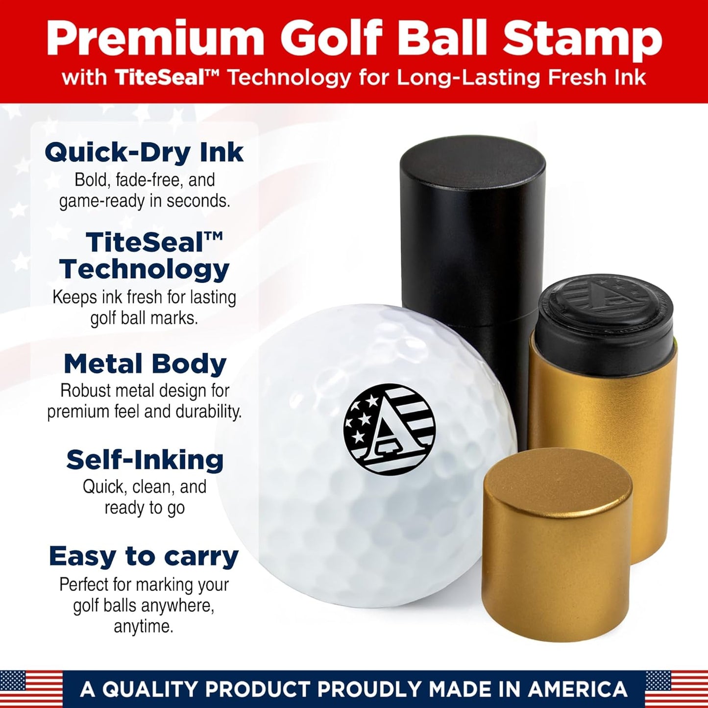 Golf Ball Marker Stamp with TiteSeal™ Technology - Birdie - Metallic Box with Golf Ball Stamp + Refill Ink Bottle - Green