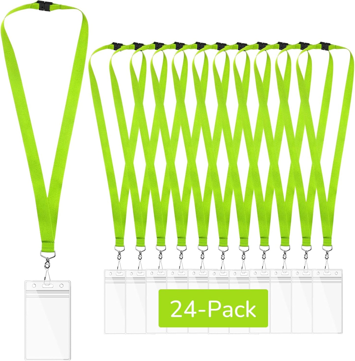 24-Pack Apple Green Breakaway Lanyards with Waterproof Badge Holders, Polyester Neck Straps for ID Cards, Events, Office, and Schools