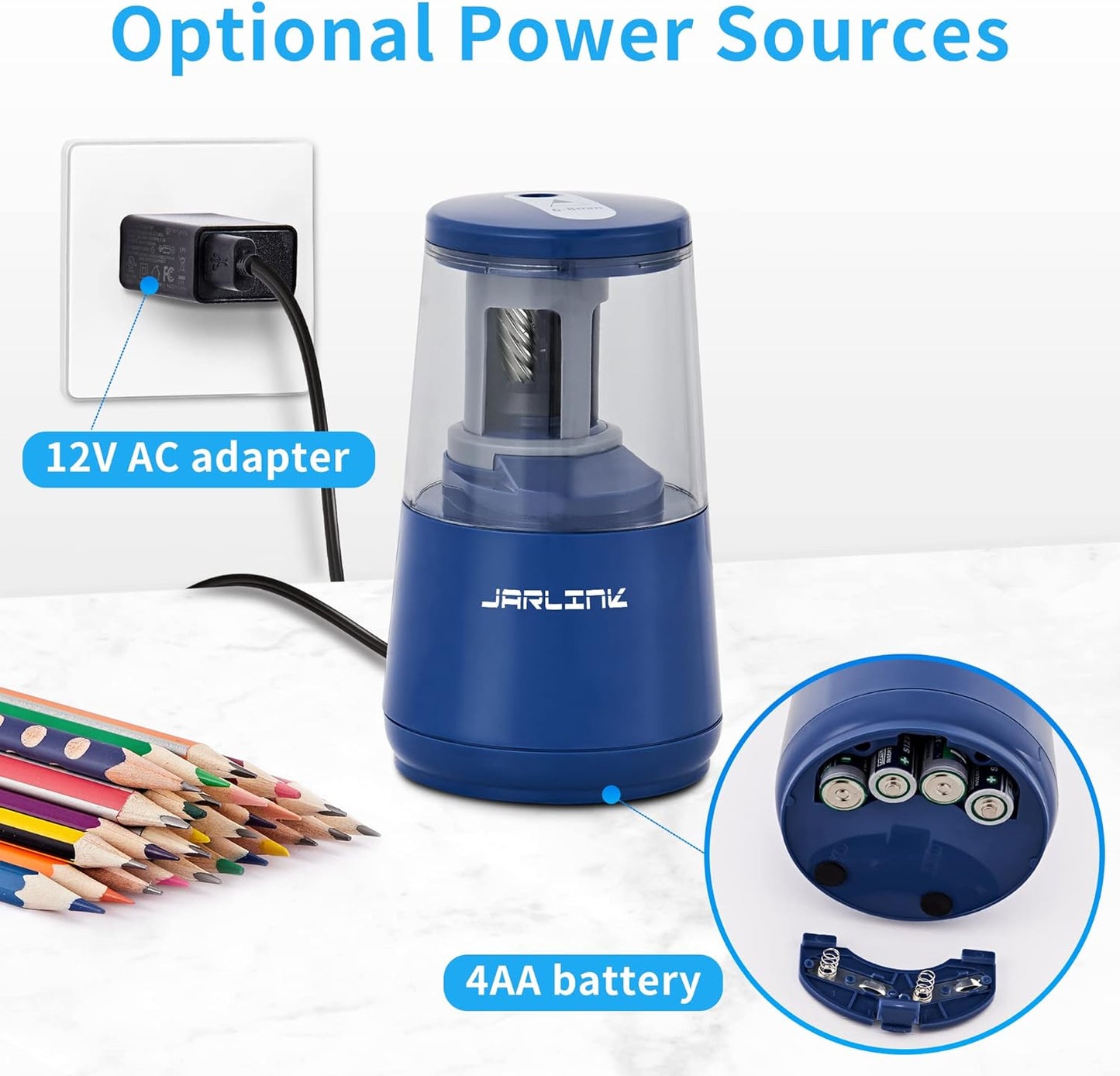 JARLINK Electric Pencil Sharpener, Heavy-Duty Helical Blade to Fast Sharpen, Auto Stop for No.2/Colored Pencils(6-8mm), AC Adapter/Battery Operated in School Classroom/Office/Home (Blue)