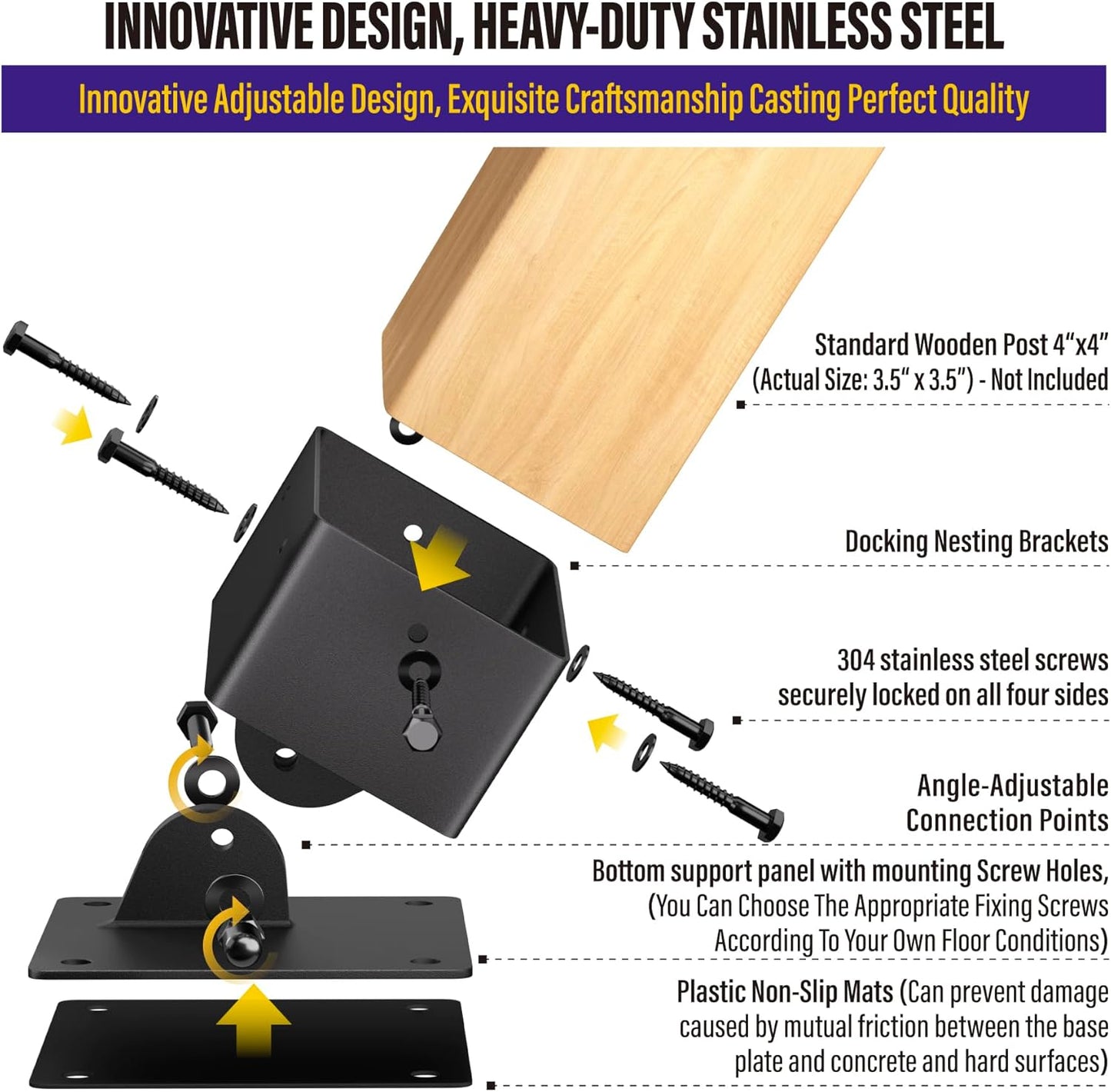 Hulave 201 Stainless Steel Swing Set Anchor Leveling Kit, Swing Set Leveling Base Bracket, Fits 4 x 4 (Actual Size 3.5" x 3.5") Wood Legs, Avoids Moisture to Protect Wooden Legs (4pack - Black)