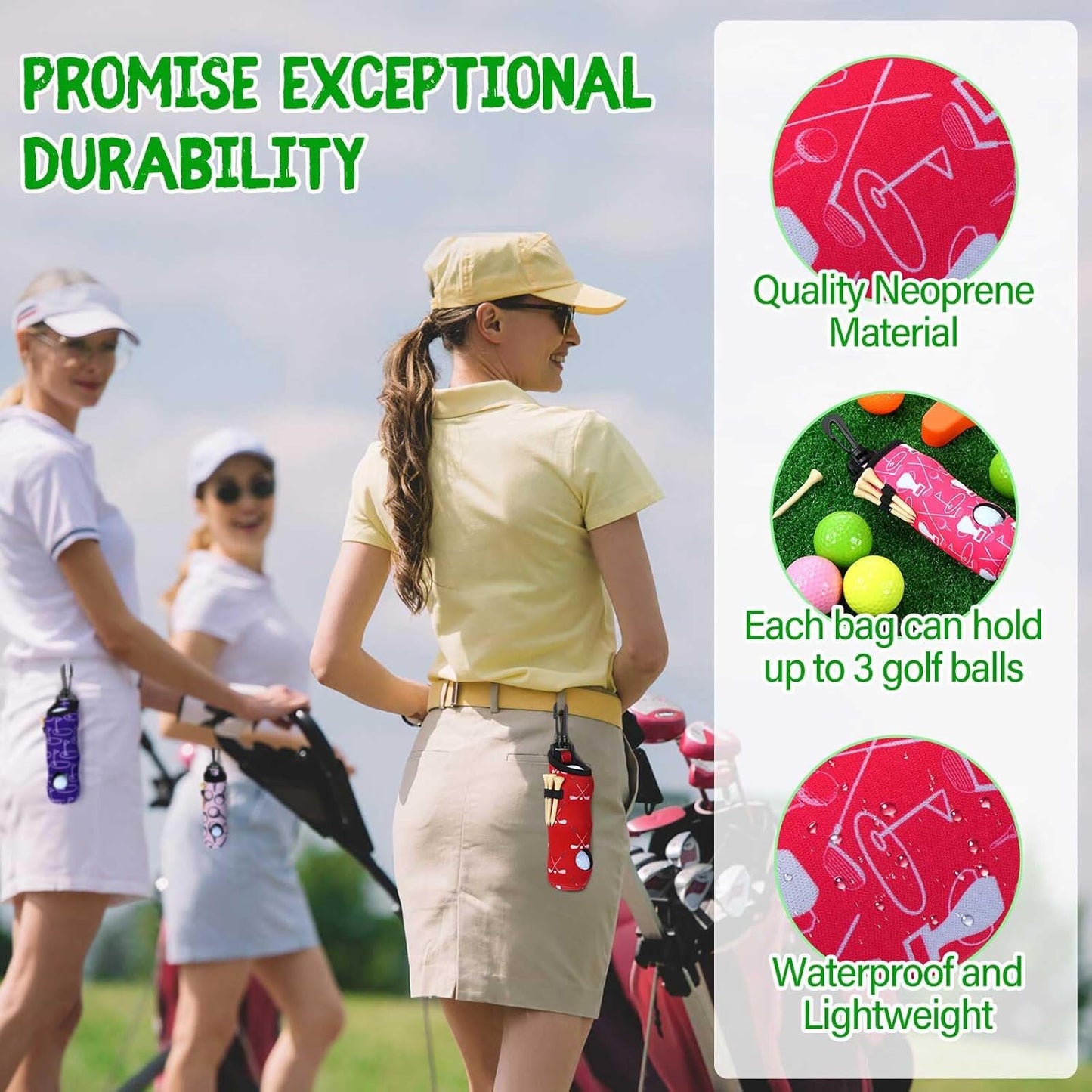 24 Pcs Golf Ball Holder Pouch with Tee Holder Keychain Belt Clip Hook Golf Carry Bag for Women Ladies Man Gifts
