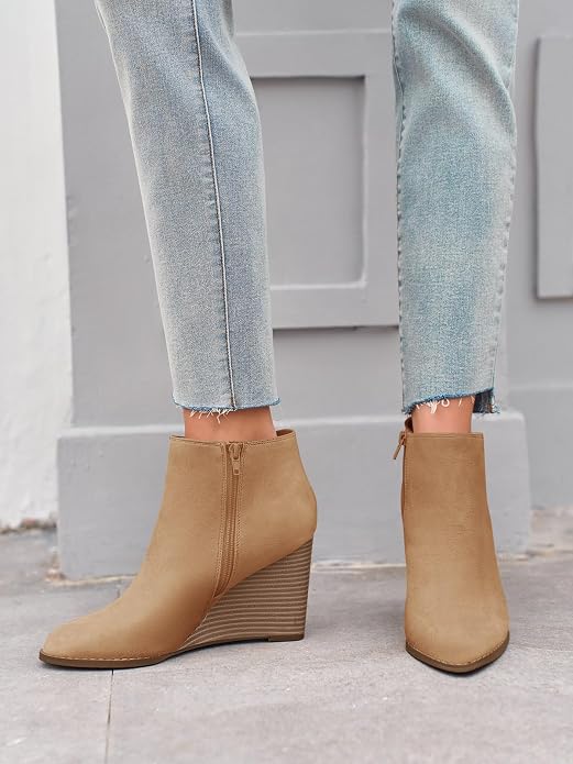 LAICIGO Womens V Cut Wedge Ankle Booties Zip-up Closed Toe Stacked Heel Faux - Image 4