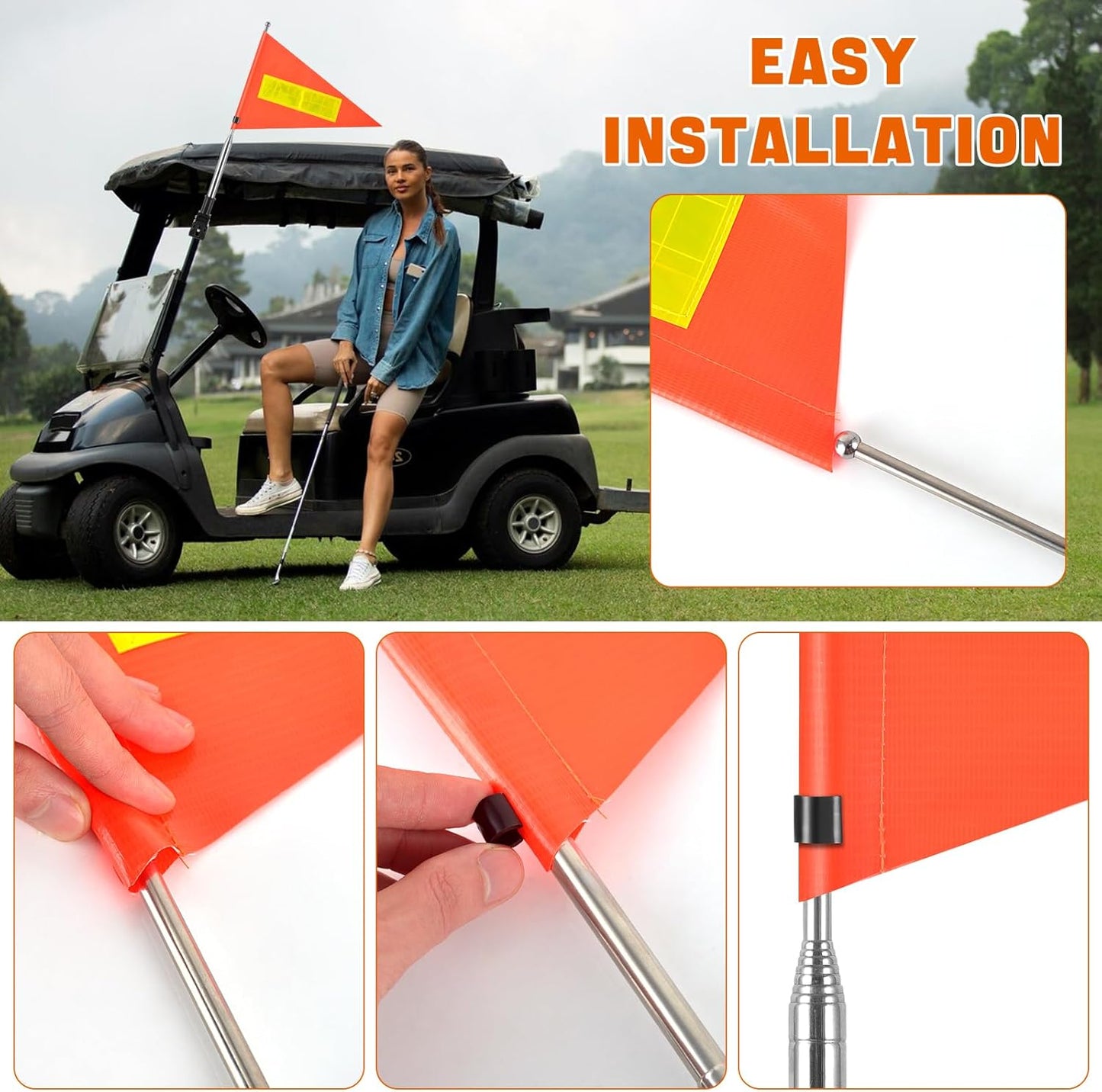 2 Pack Reflective Safety Flag - 22X30cm Orange, Telescopic Pole, Mount for Golf Carts & Wheelchairs