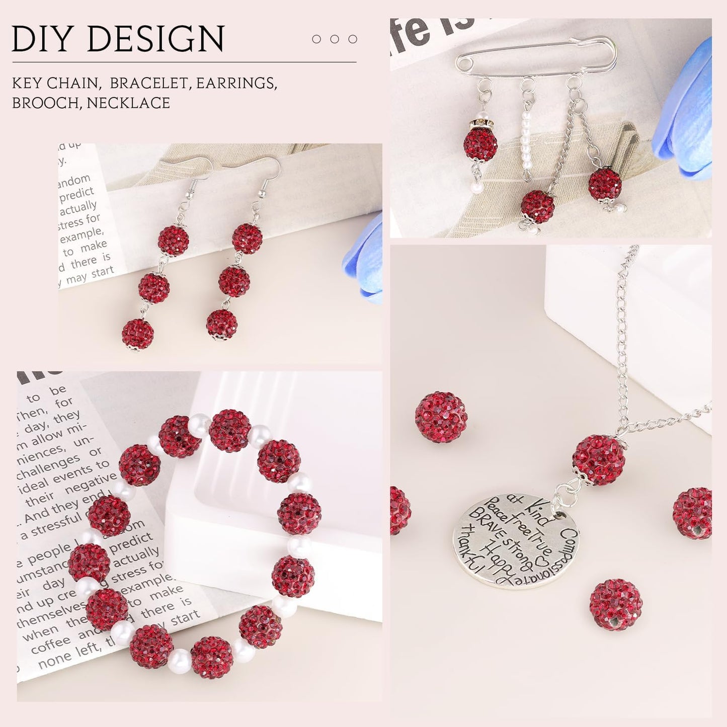 150 pcs 10mm Rhinestone Beads for Jewelry Making, Dark Red Shiny Round Shamballa Disco Beads Bulk, Sparkle Crystal Clay Christmas for Bracelet Baseball Necklace Earring Crafting and DIY