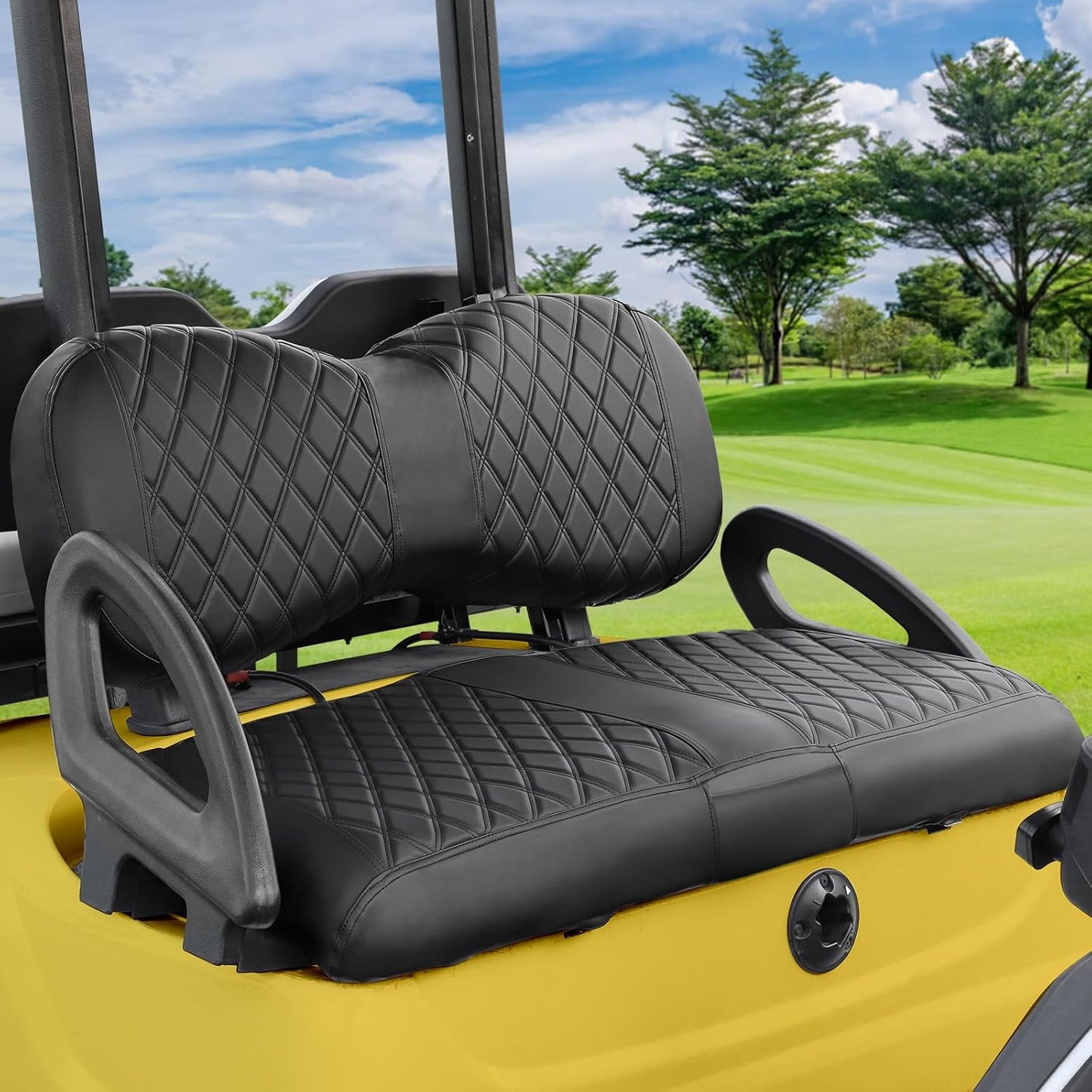 iLSKW Golf Cart Seat Cover for Yamaha G29 / Drive, Premium Marine Leather, Diamond Stripe with Black Stitching Soft Comfortable to Upgrade No Stapler