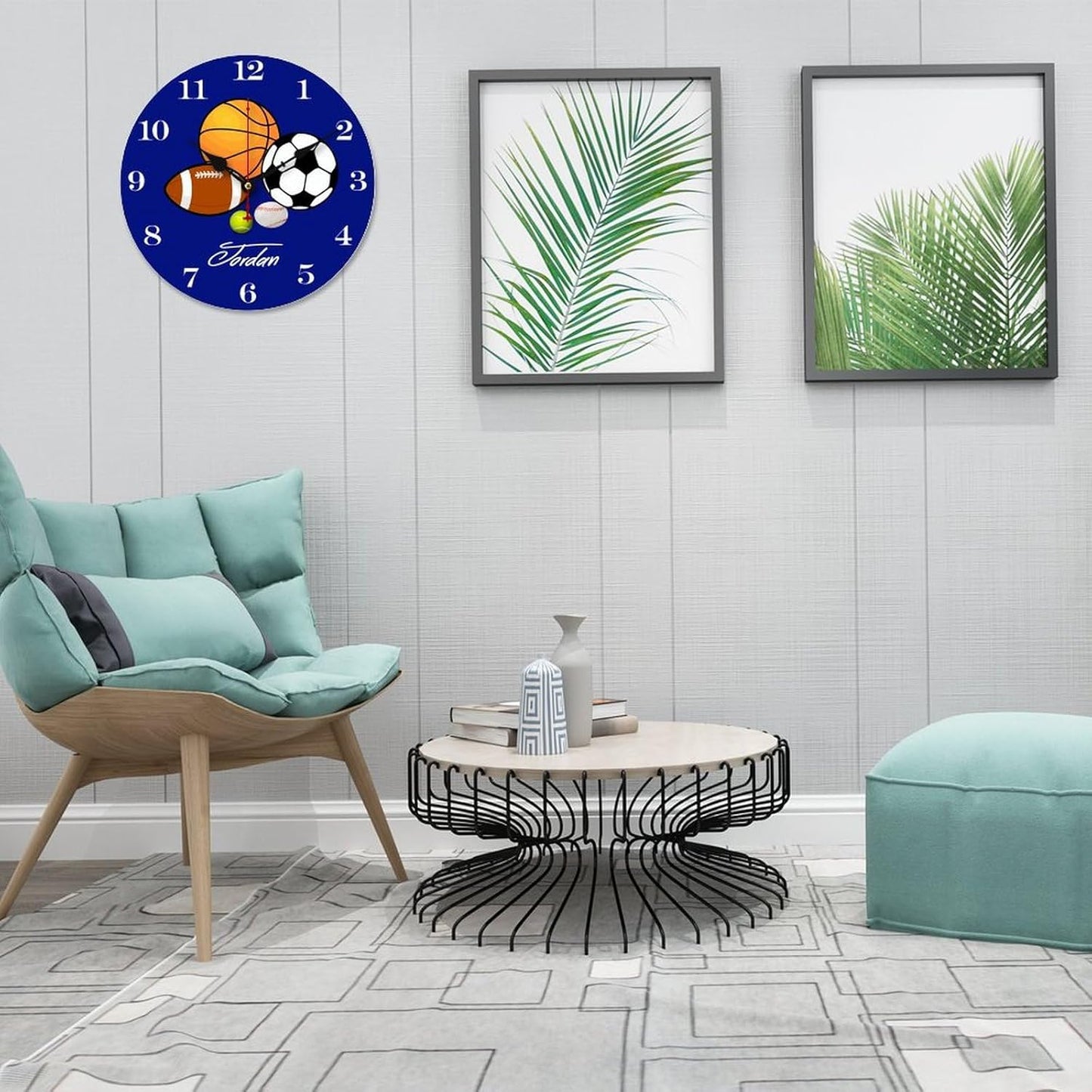 10 inch Blue Sports Ball Personalized Kids Name Wall Clocks Battery Operated for Kids Bedrooms Nursery School Playroom Decor,Custom Kids Name Wall Clock,Sports Decor Wood Round Clock Silent