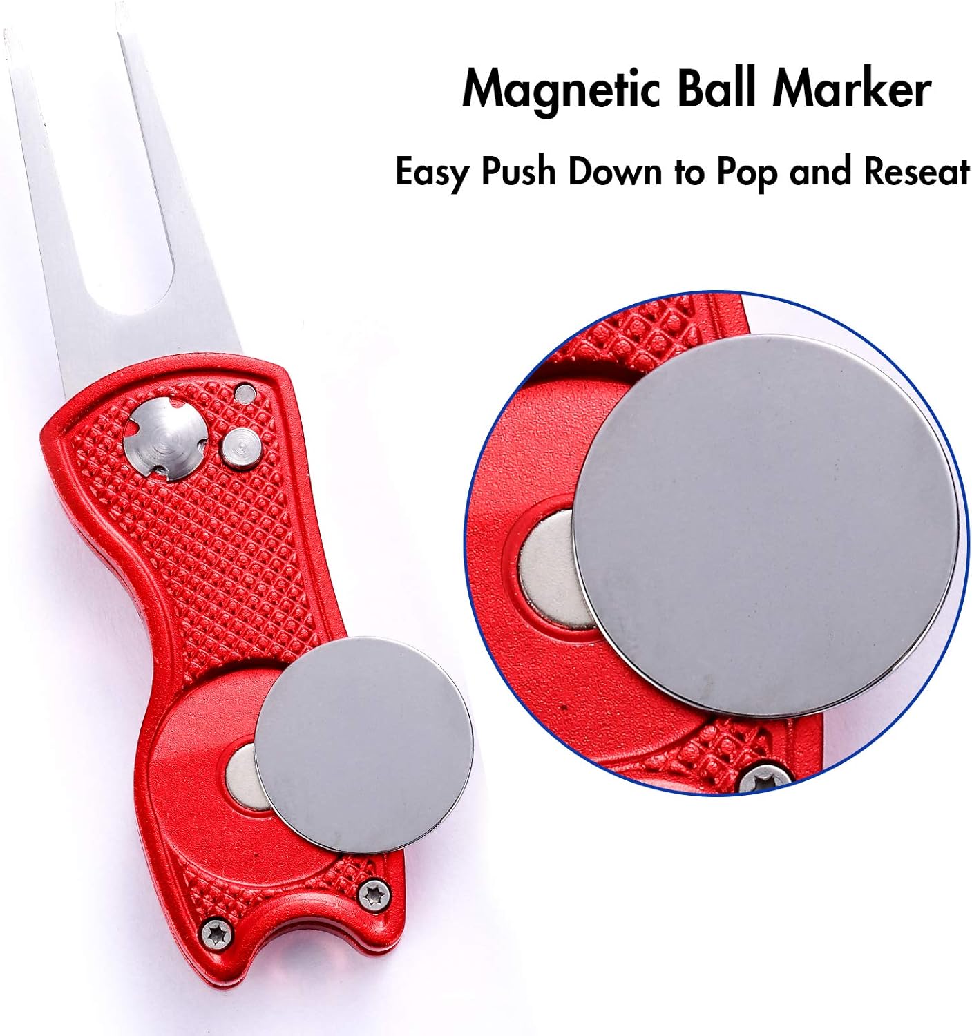 2 Pack Metal Foldable Golf Divot Tool with Pop-up Button & Magnetic Ball Marker (Pack of 2, Fish Design)