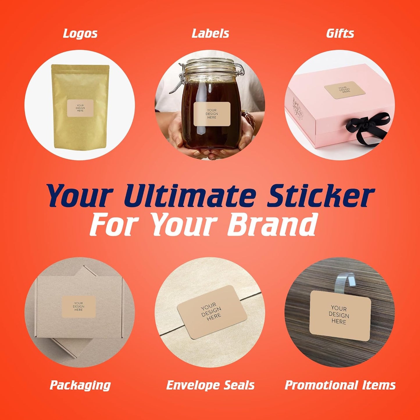 100 Custom Vinyl Stickers - Upload Your own Image, Text, Design, Logo - Personalized Logo Labels for Handmade, Packaging, Bottle, Jars, Candle, Brand Stickers (Brown, 5x3)
