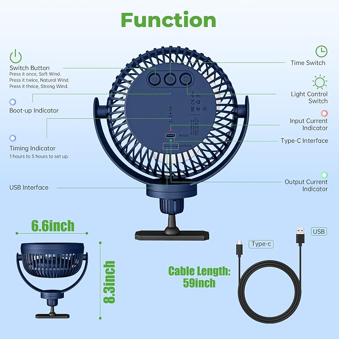 10L0L Golf Cart Fan with Magnetic Mount & 56Hrs Runtime - 8000mAh Battery - Image 8