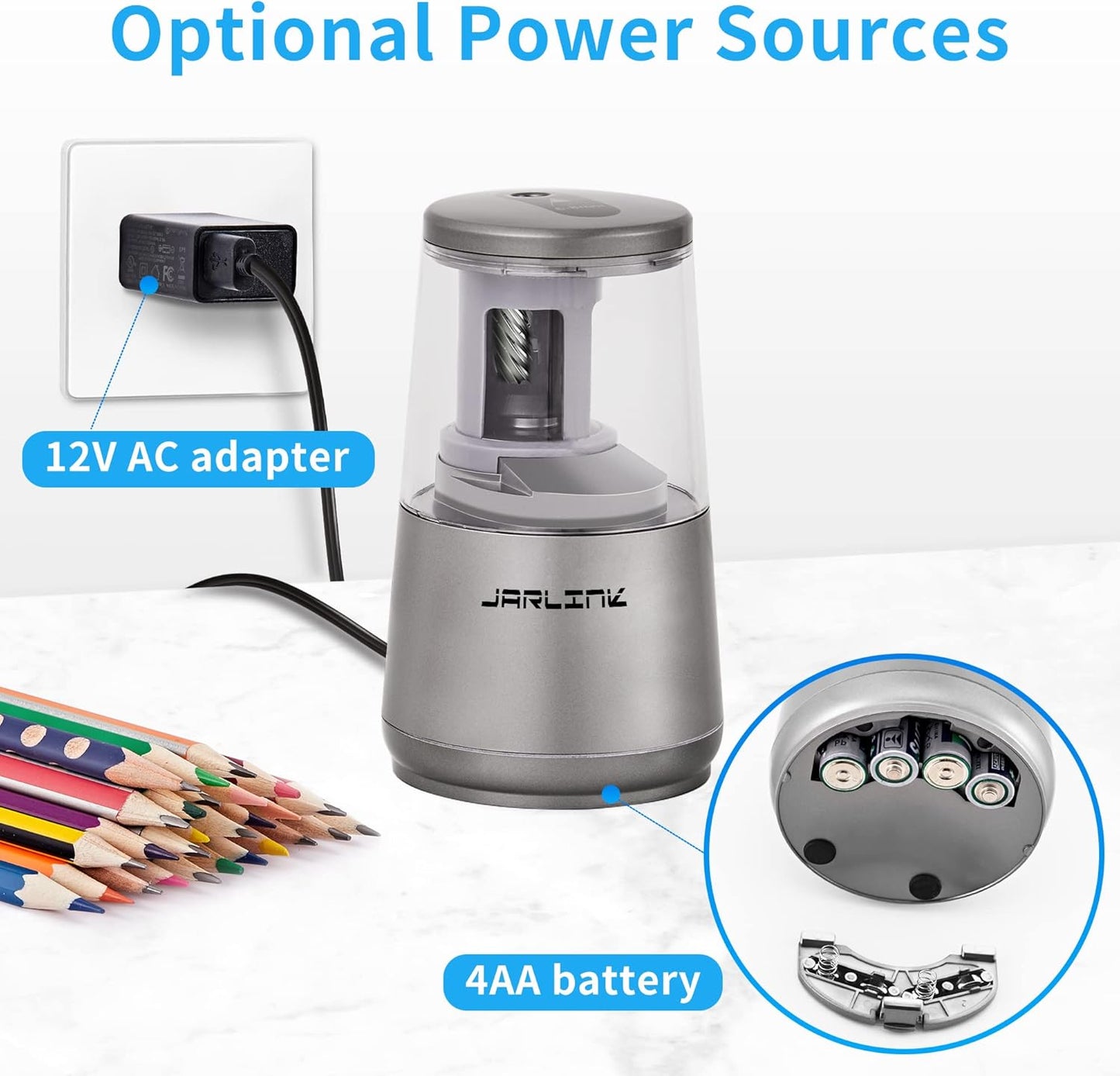 JARLINK Electric Pencil Sharpener, Heavy-Duty Helical Blade to Fast Sharpen, Auto Stop for No.2/Colored Pencils(6-8mm), AC Adapter/Battery Operated in School Classroom/Office/Home (Gray)