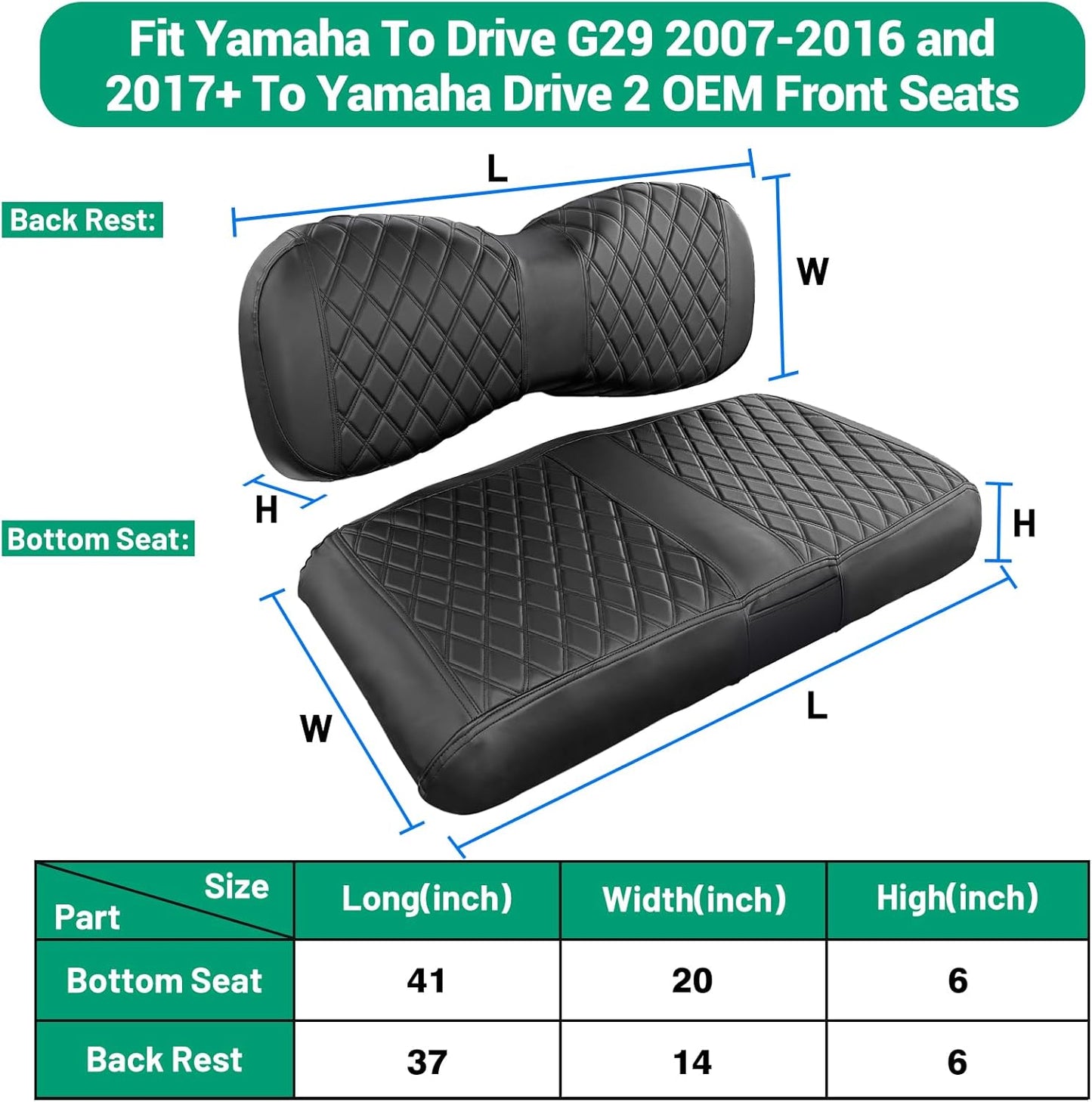 iLSKW Golf Cart Seat Cover for Yamaha G29 / Drive, Premium Marine Leather, Diamond Stripe with Black Stitching Soft Comfortable to Upgrade No Stapler