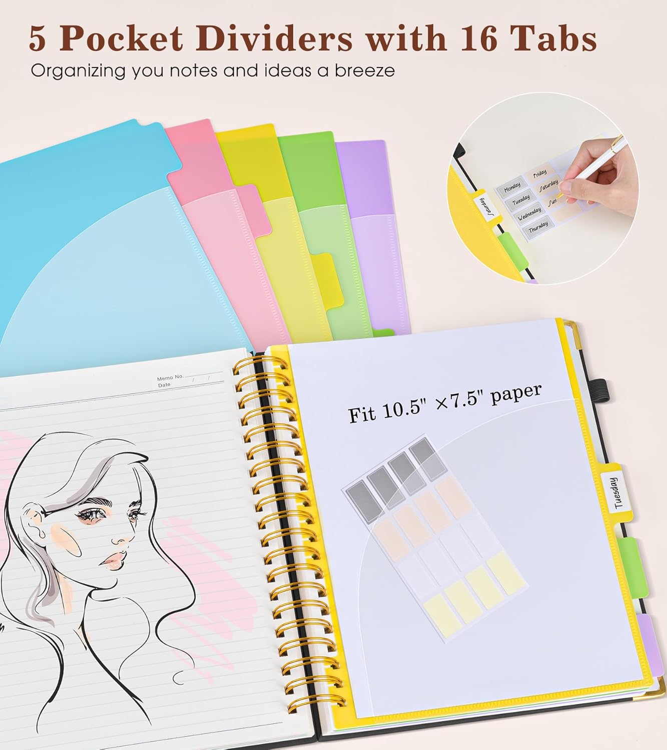 Hardcover Large Spiral Notebook 8.5" x 11" with Removable Dividers Tabs, 300 pages Leather 5 Subject Notebook College Ruled, A4 Journal for Women Men, Notebooks for Work School Note taking,Black