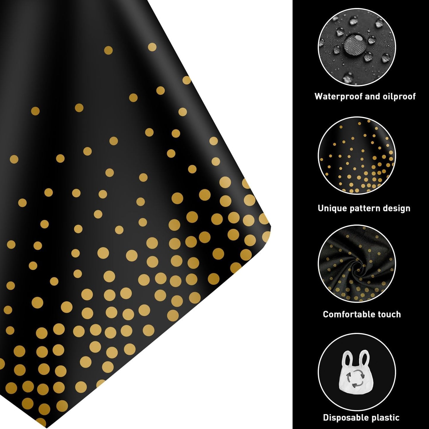 16 Pack 2in1 Disposable Plastic Tablecloths 54" x 108" Black and Gold Dot Kitchen Table Cloth Rectangle Table Cover for Wedding Birthday Baby Shower Anniversary Christmas New Year Graduation