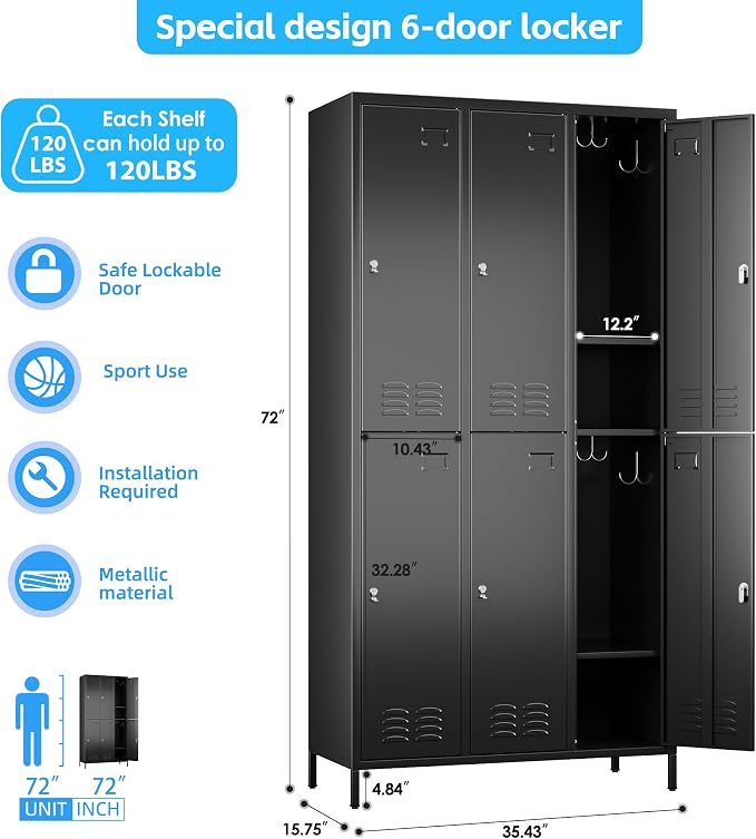 METAN Metal Locker for School Office Gym Bedroom, 6 Doors Steel Storage Locker - Image 3