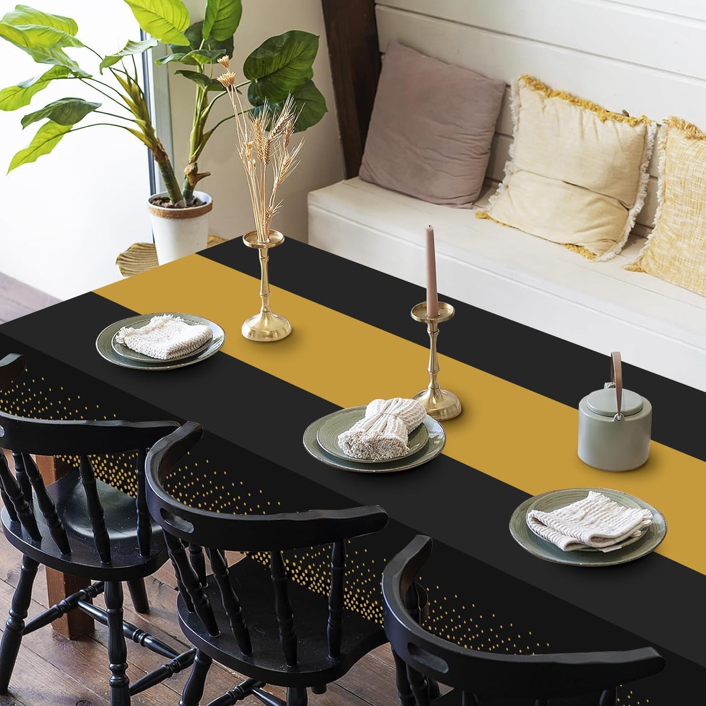 16 Pack 2in1 Disposable Plastic Tablecloths 54" x 108" Black and Gold Dot Kitchen Table Cloth Rectangle Table Cover for Wedding Birthday Baby Shower Anniversary Christmas New Year Graduation