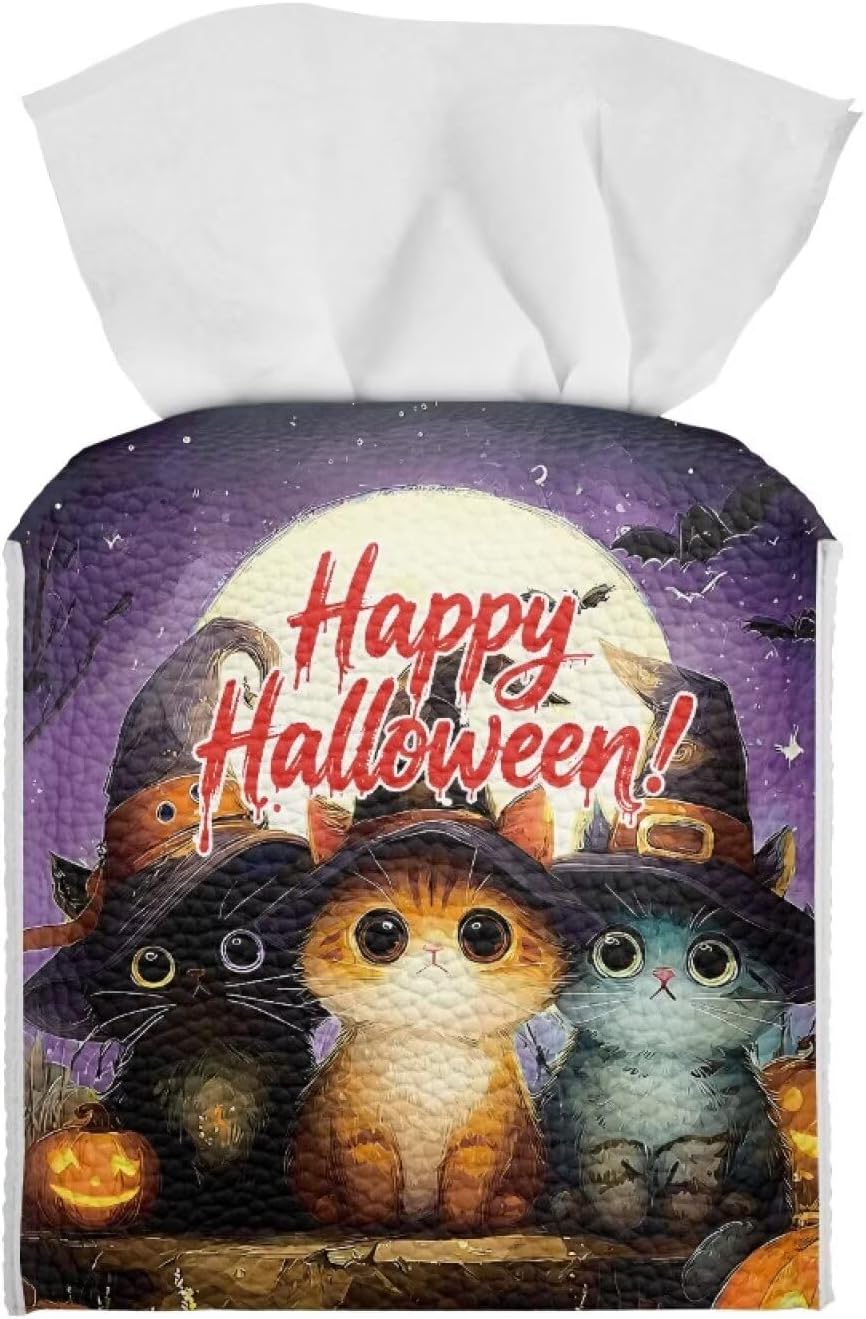 Happy Halloween Tissue Box Cover Square Tissue Box Holder 5x5x5 inch Napkin Dispenser Organizer with Cat Print Holiday Home Decor for Car Office Living Room