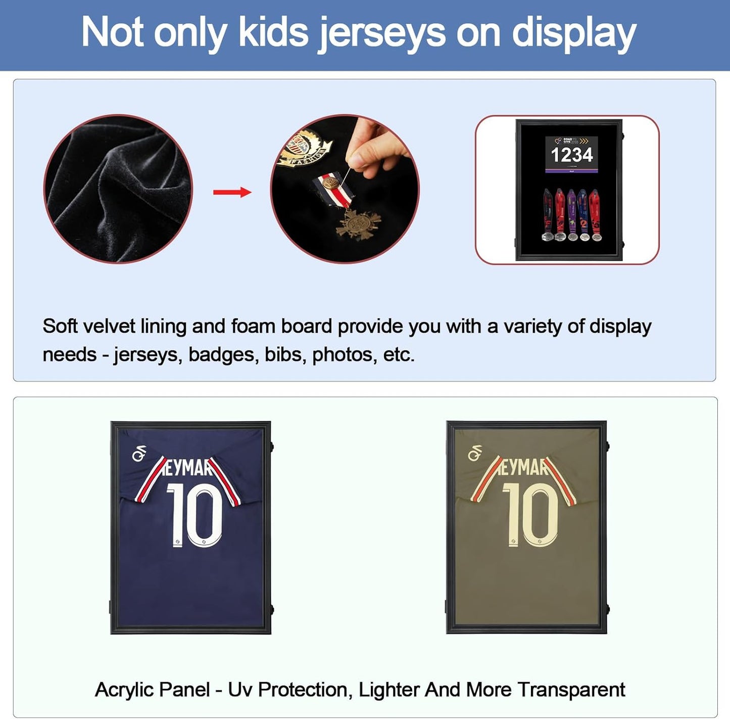 IHEIPYE Kids Jersey Frame Display Case Lockable, Sport Jersey Shadow Box with 98% UV Protection Acrylic and Hanger for Baseball Basketball Football Soccer and Uniform, Small-Black Locks