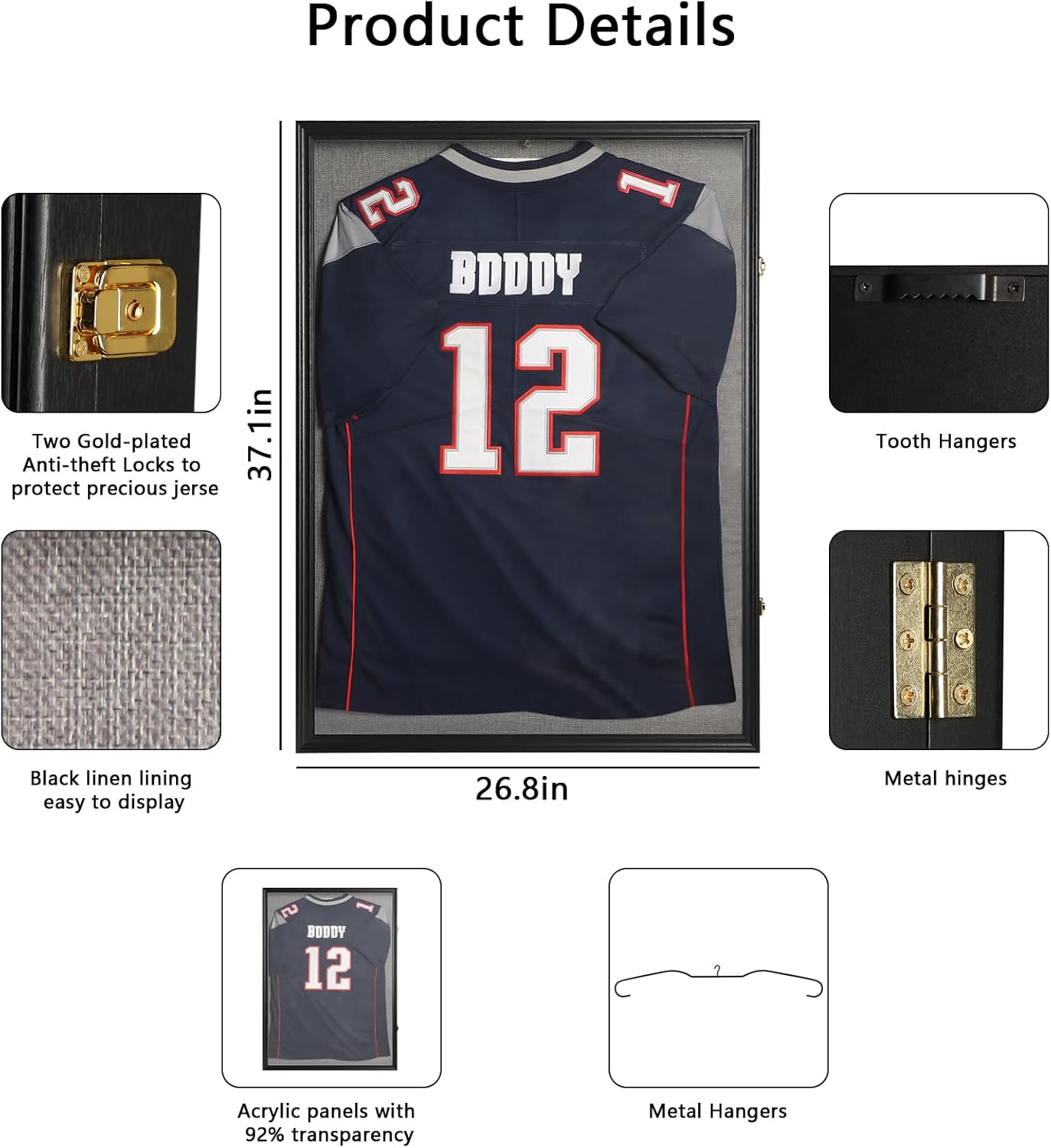 IHEIPYE Large Jersey Frame Display Case Lockable, Sport Jersey Shadow Box with 98% UV Protection Acrylic and Hanger for Baseball Basketball Football Soccer Hockey Sport Shirt and Uniform, Linen Black