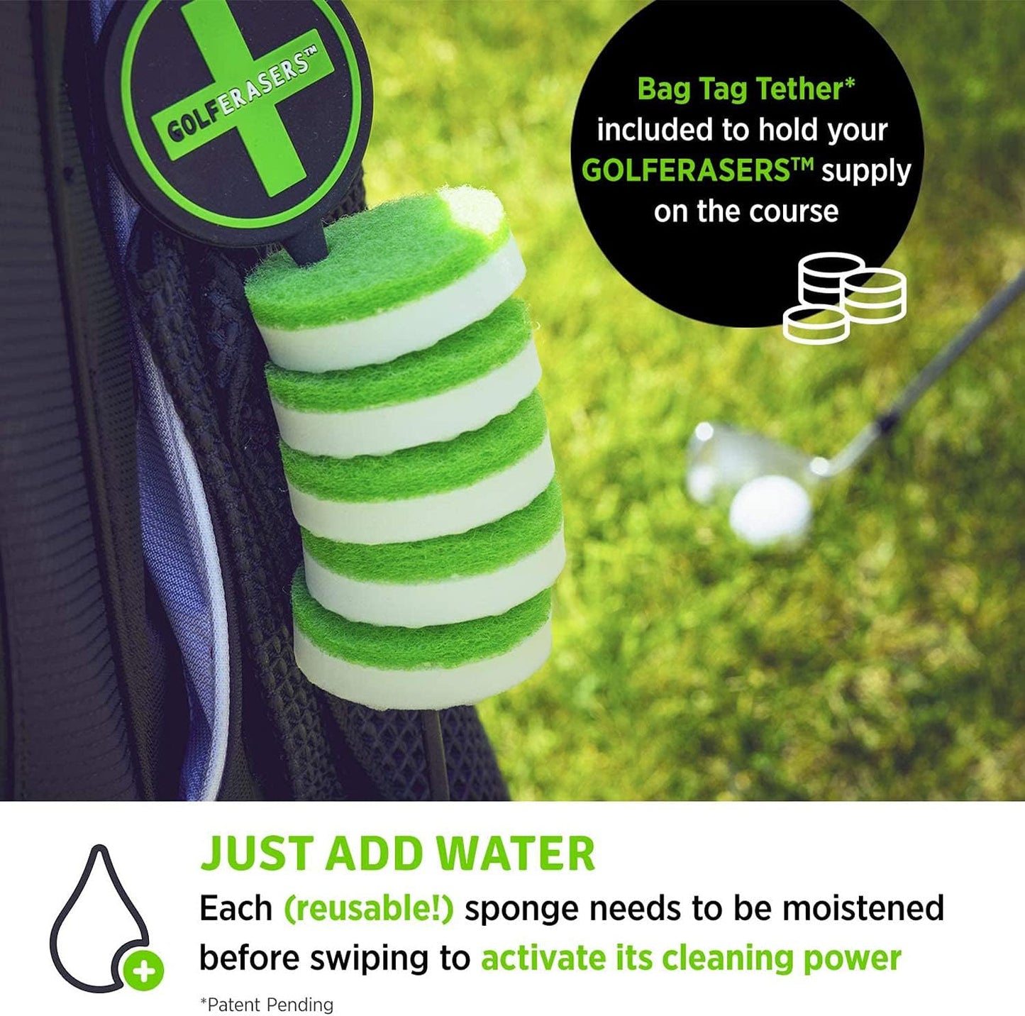 Instant Golf Eraser, Premium Dual-Sided Sponge - Golf Club Cleaner, Golf Ball Cleaner, Golf Club Groove Cleaner 6-Pack with Tether, 12-Pack Refill, Premium Embroidered Golf Towel with Clip