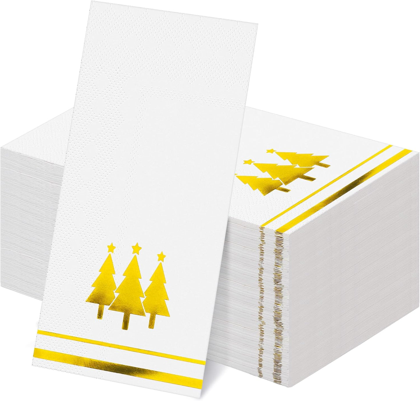 100 Pieces Christmas Napkins Disposable Christmas Gold Paper Napkins 7.8 x 4.3 Inch Decorative Guest Party Napkin White Gold Foil Xmas Tree Hand Towels for Winter Party Wedding Birthday