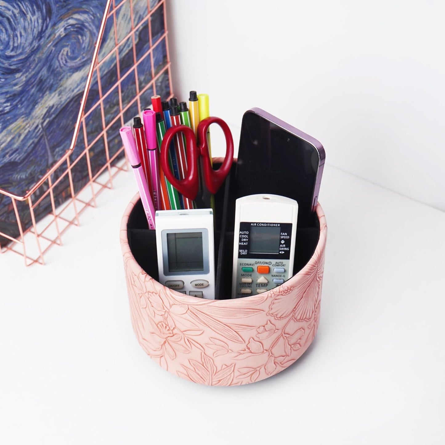Hennaja Round Leather Art Supply Organizer,Remote Control Holder,360 Degree Spinning,Multi-Functional Pencil Holder,4 Compartments Desktop Stationary Organizer(1-Carved Pink)